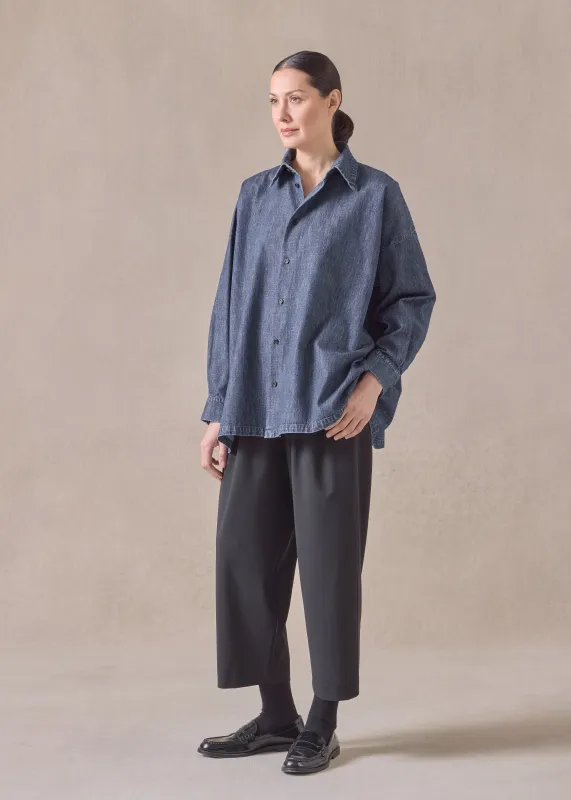 cotton denim angled-to-front side seam shirt with collar - long (jeandark) sold by eskandar