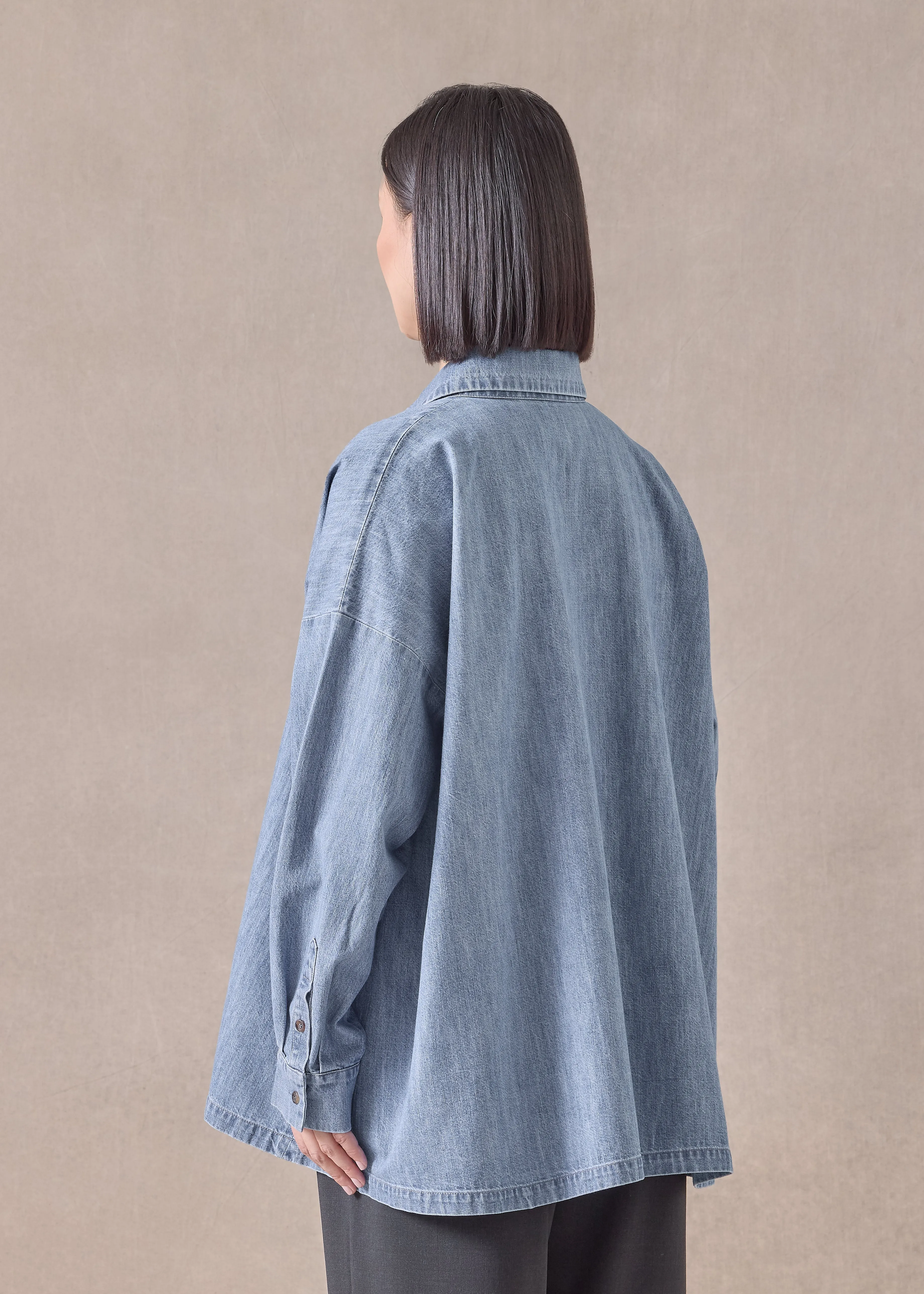 cotton denim angled-to-front side seam shirt with collar - long (denimlight) sold by eskandar product image thumbnail 4