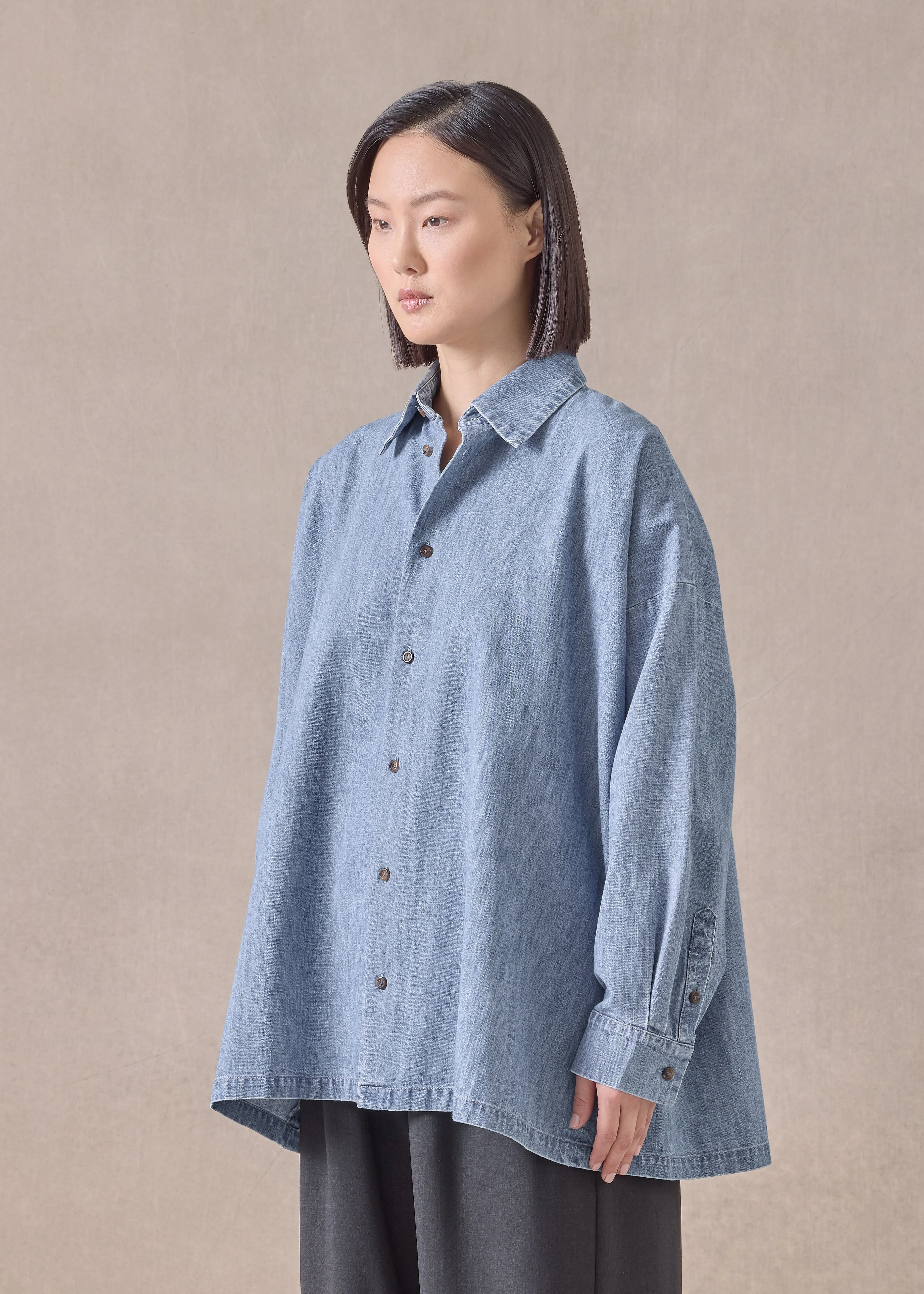 cotton denim angled-to-front side seam shirt with collar - long (denimlight) sold by eskandar product image thumbnail 2