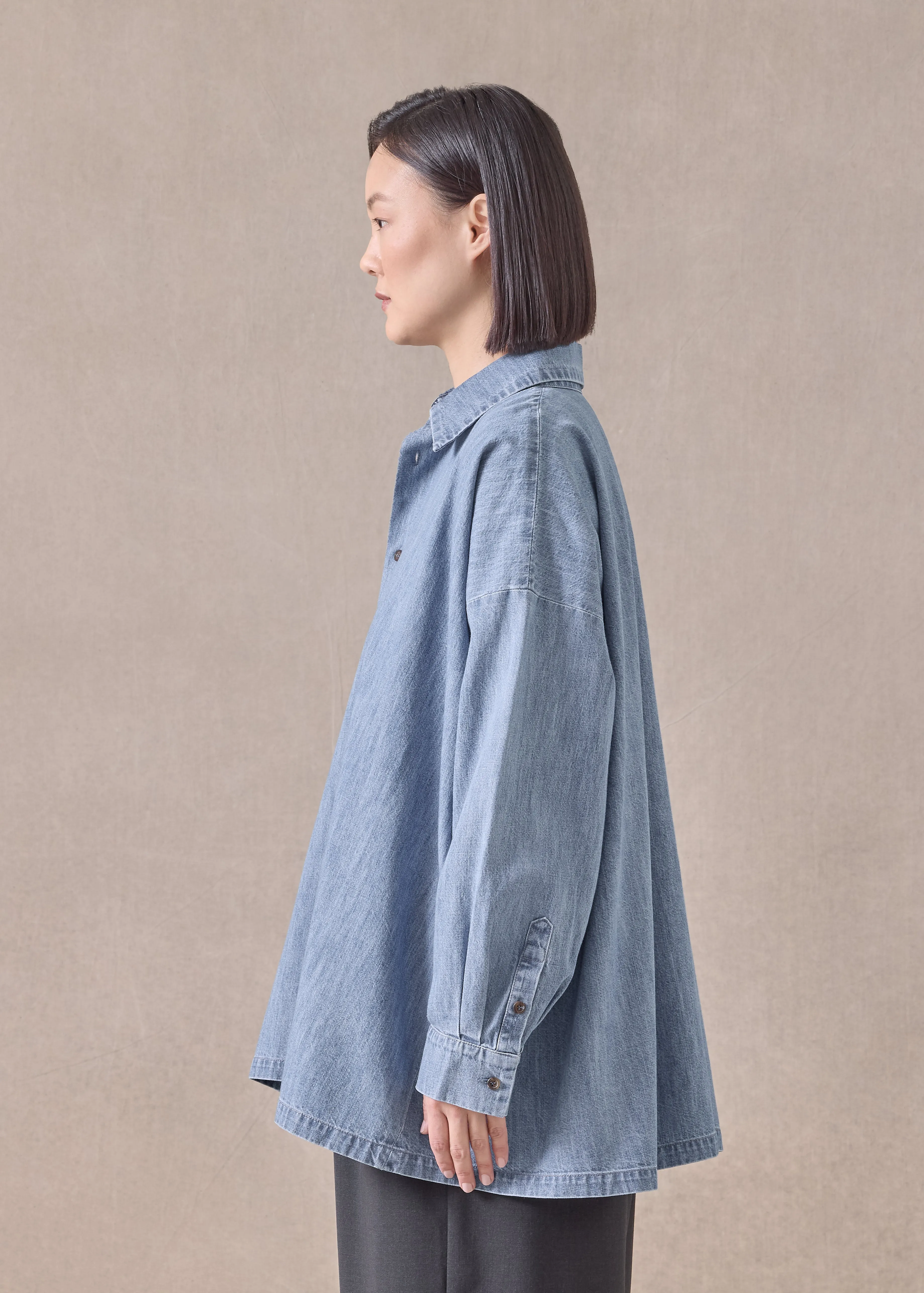 cotton denim angled-to-front side seam shirt with collar - long (denimlight) sold by eskandar product image thumbnail 3