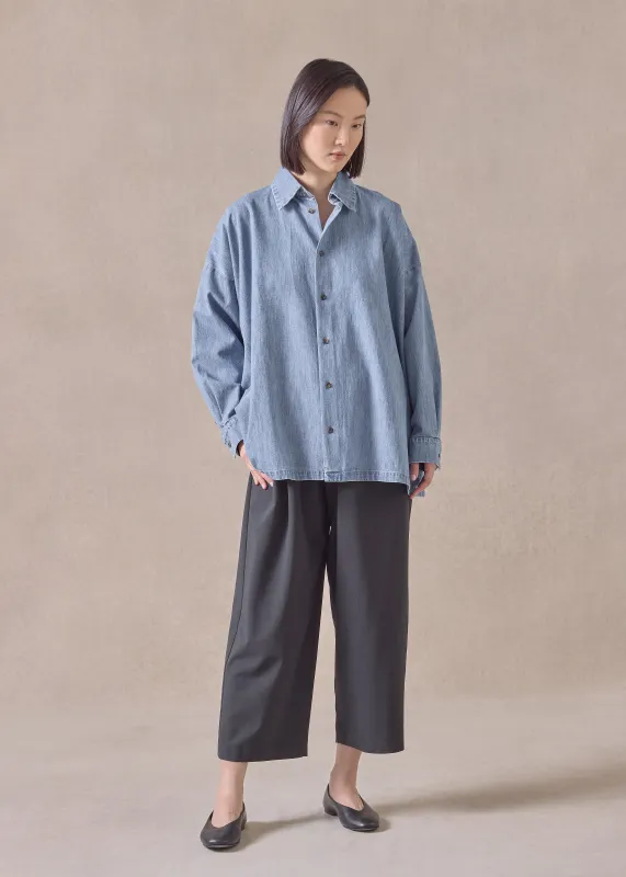 cotton denim angled-to-front side seam shirt with collar - long (denimlight) sold by eskandar