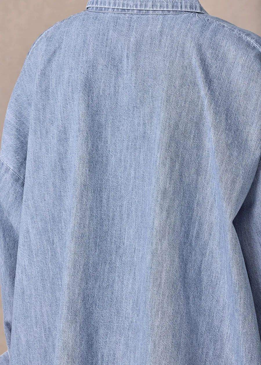 cotton denim angled-to-front side seam shirt with collar - long (denimlight) sold by eskandar product image thumbnail 5