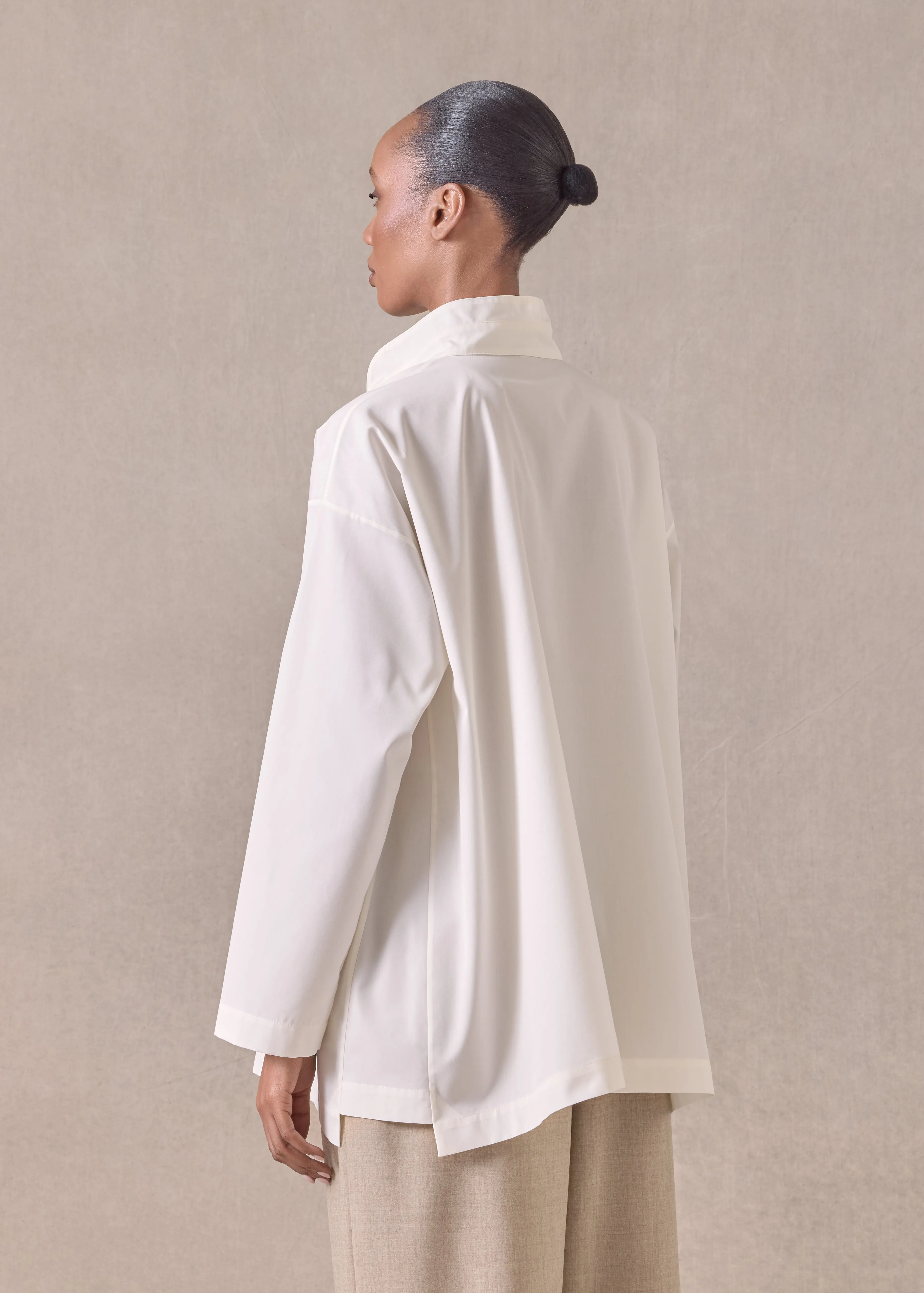 cotton slim a-line double stand collar shirt with stepped insert - long (ivory) sold by eskandar product image thumbnail 4