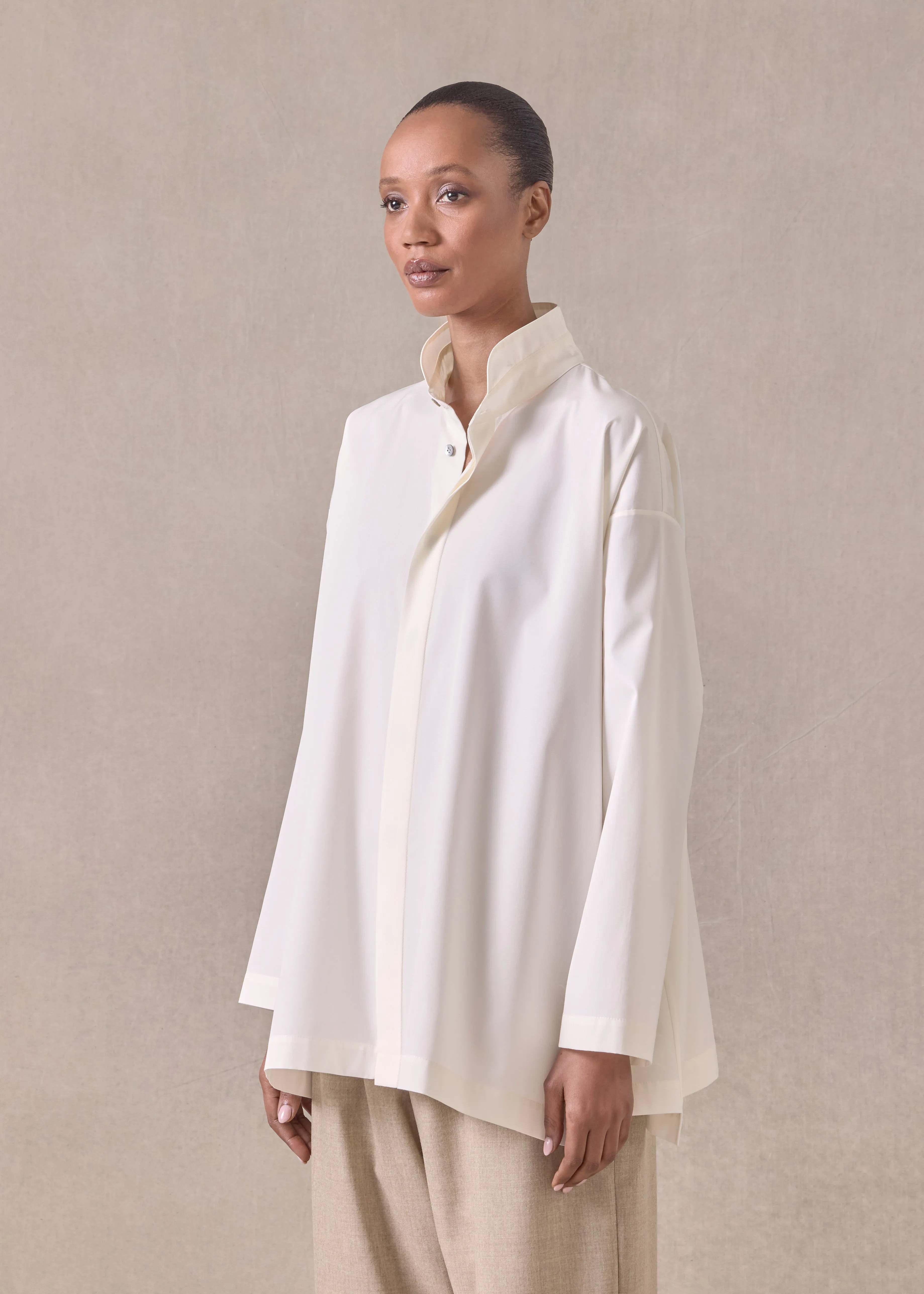 cotton slim a-line double stand collar shirt with stepped insert - long (ivory) sold by eskandar product image thumbnail 2