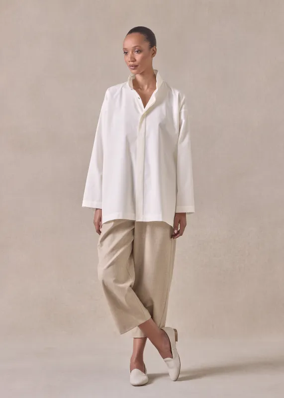 cotton slim a-line double stand collar shirt with stepped insert - long (ivory) sold by eskandar