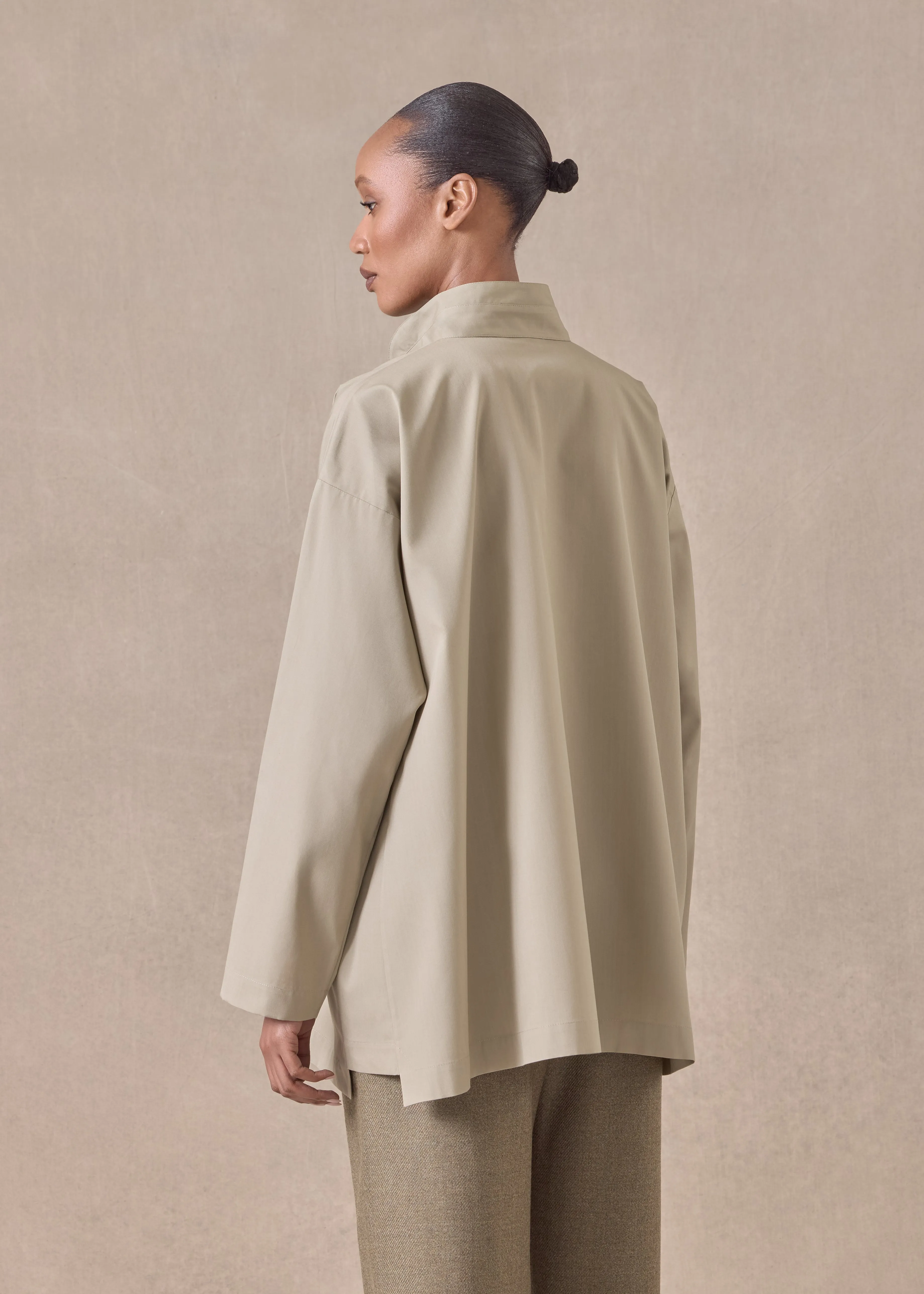 cotton slim a-line double stand collar shirt with stepped insert - long (greensand) sold by eskandar product image thumbnail 4