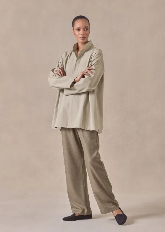 cotton slim a-line double stand collar shirt with stepped insert - long (greensand) sold by eskandar