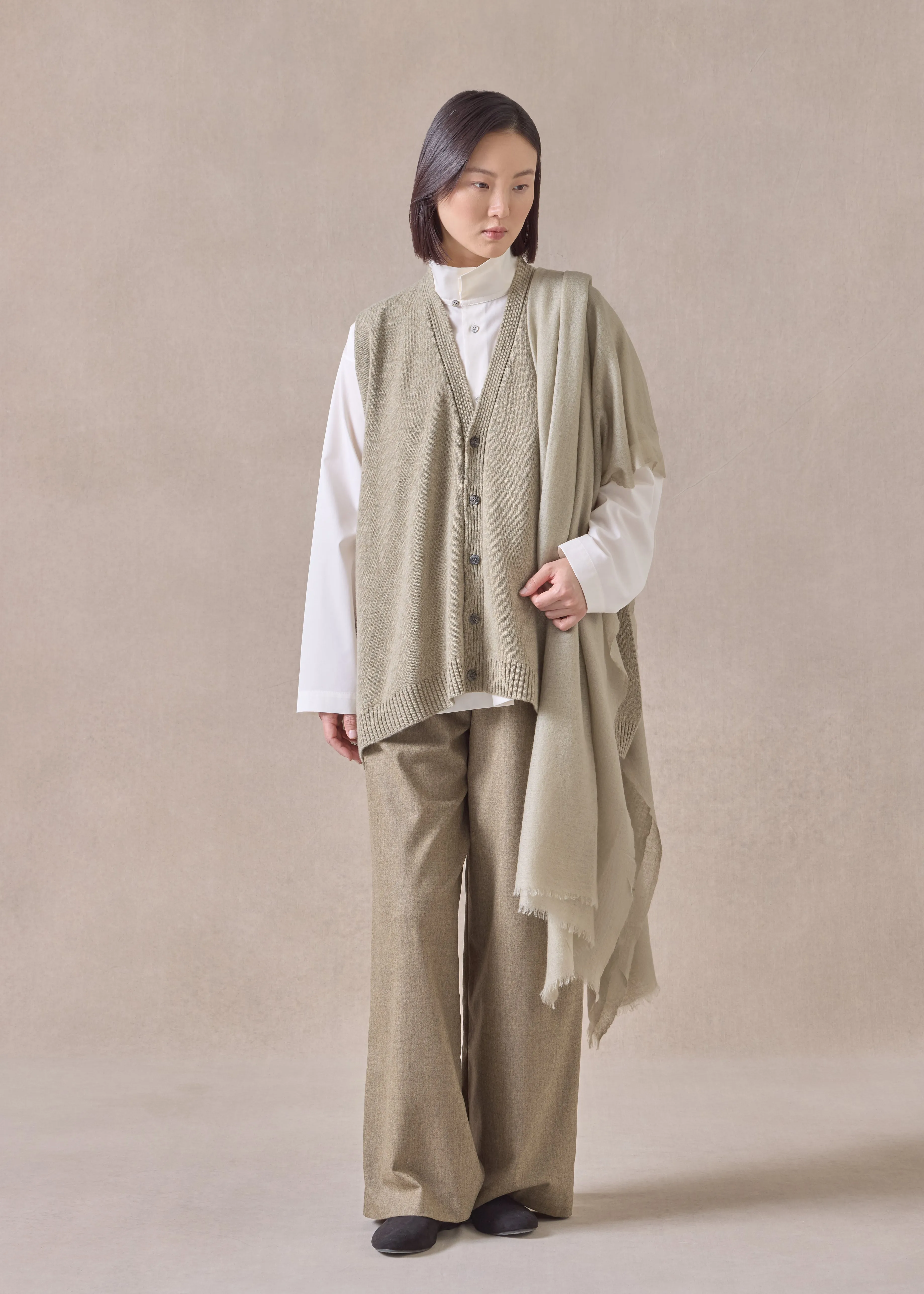 cashmere a-line sleeveless v neck cardigan - mid plus (greensand) sold by eskandar