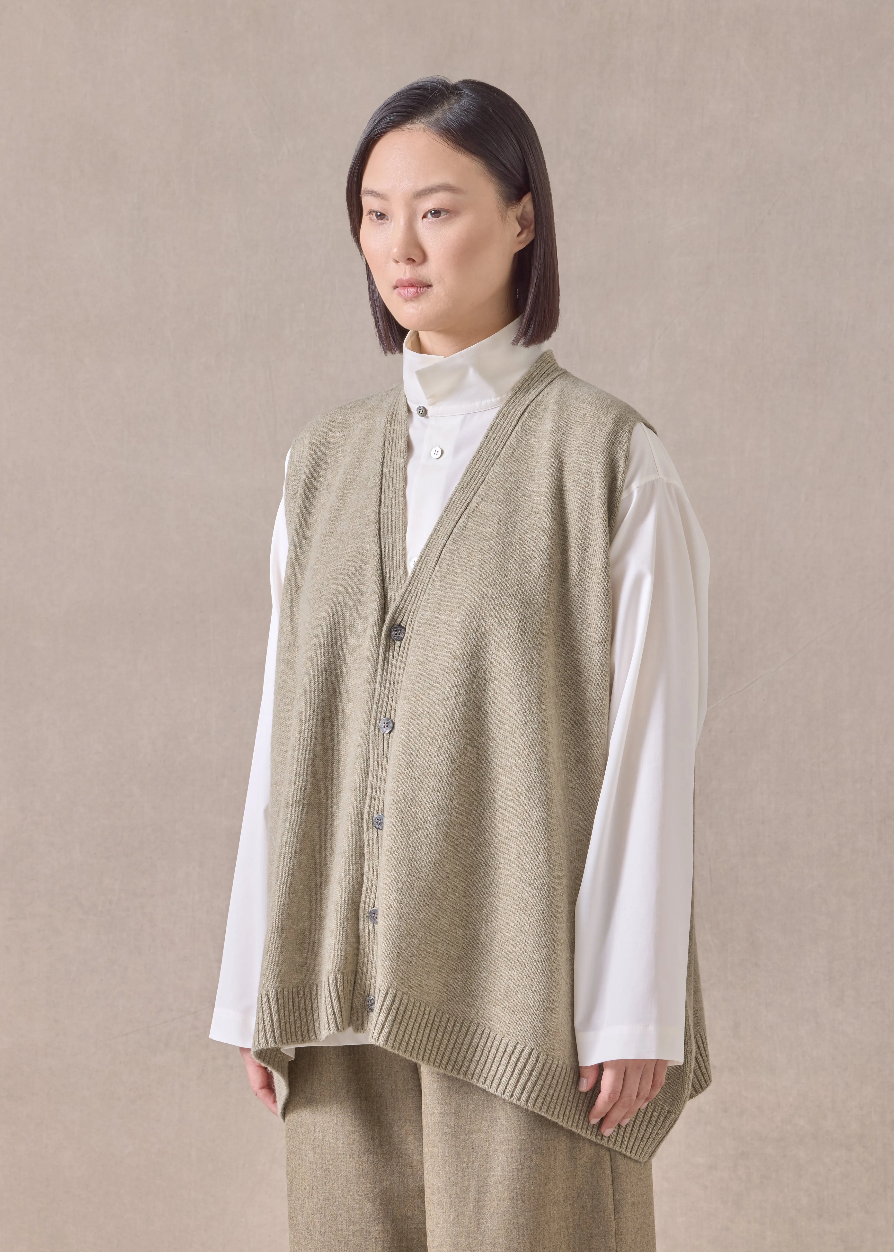 cashmere a-line sleeveless v neck cardigan - mid plus (greensand) sold by eskandar product image thumbnail 2