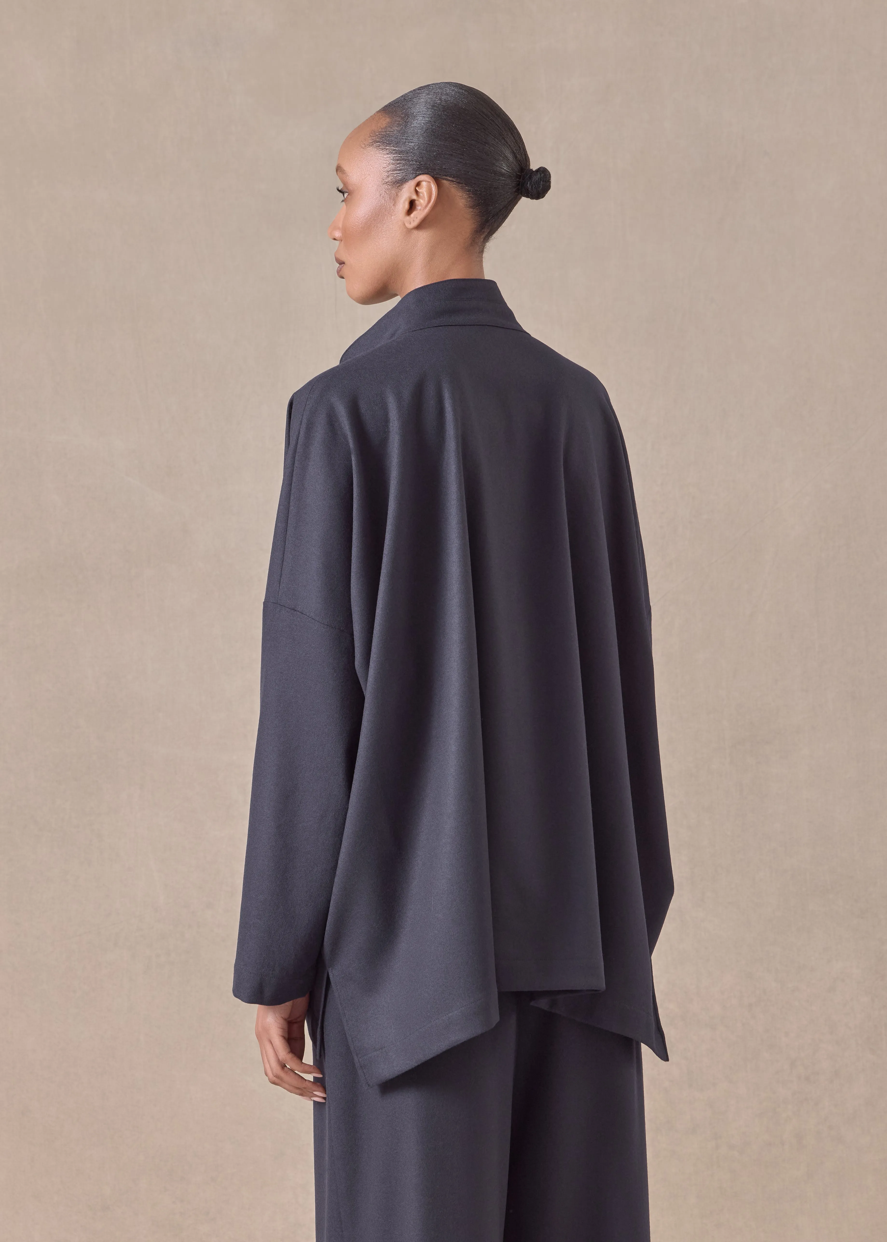 wool cashmere mix wide longer back shirt with double stand collar - mid plus (navydark) sold by eskandar product image thumbnail 4