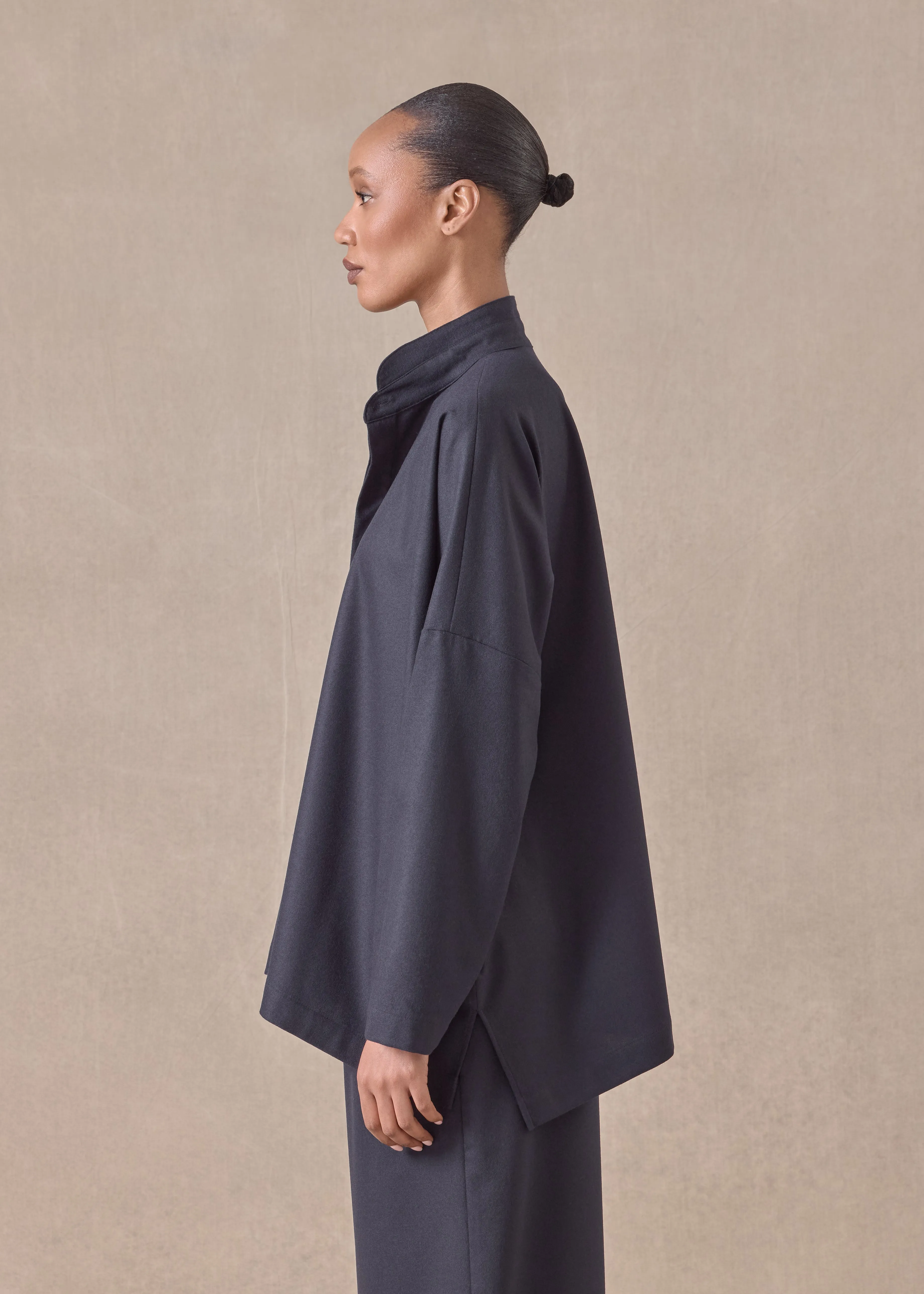 wool cashmere mix wide longer back shirt with double stand collar - mid plus (navydark) sold by eskandar product image thumbnail 3