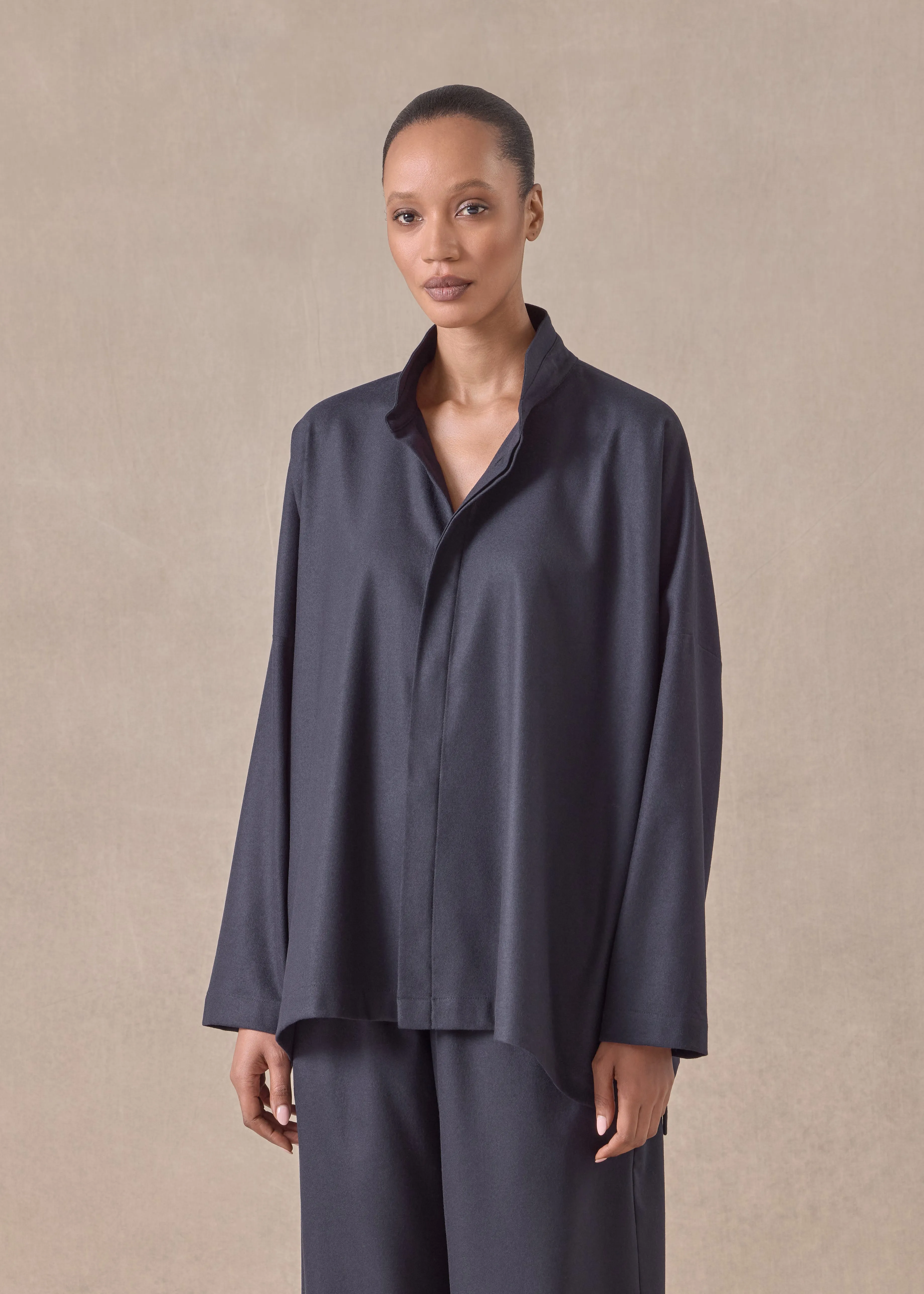 wool cashmere mix wide longer back shirt with double stand collar - mid plus (navydark) sold by eskandar product image thumbnail 2