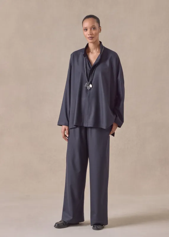 wool cashmere mix wide longer back shirt with double stand collar - mid plus (navydark) made by eskandar