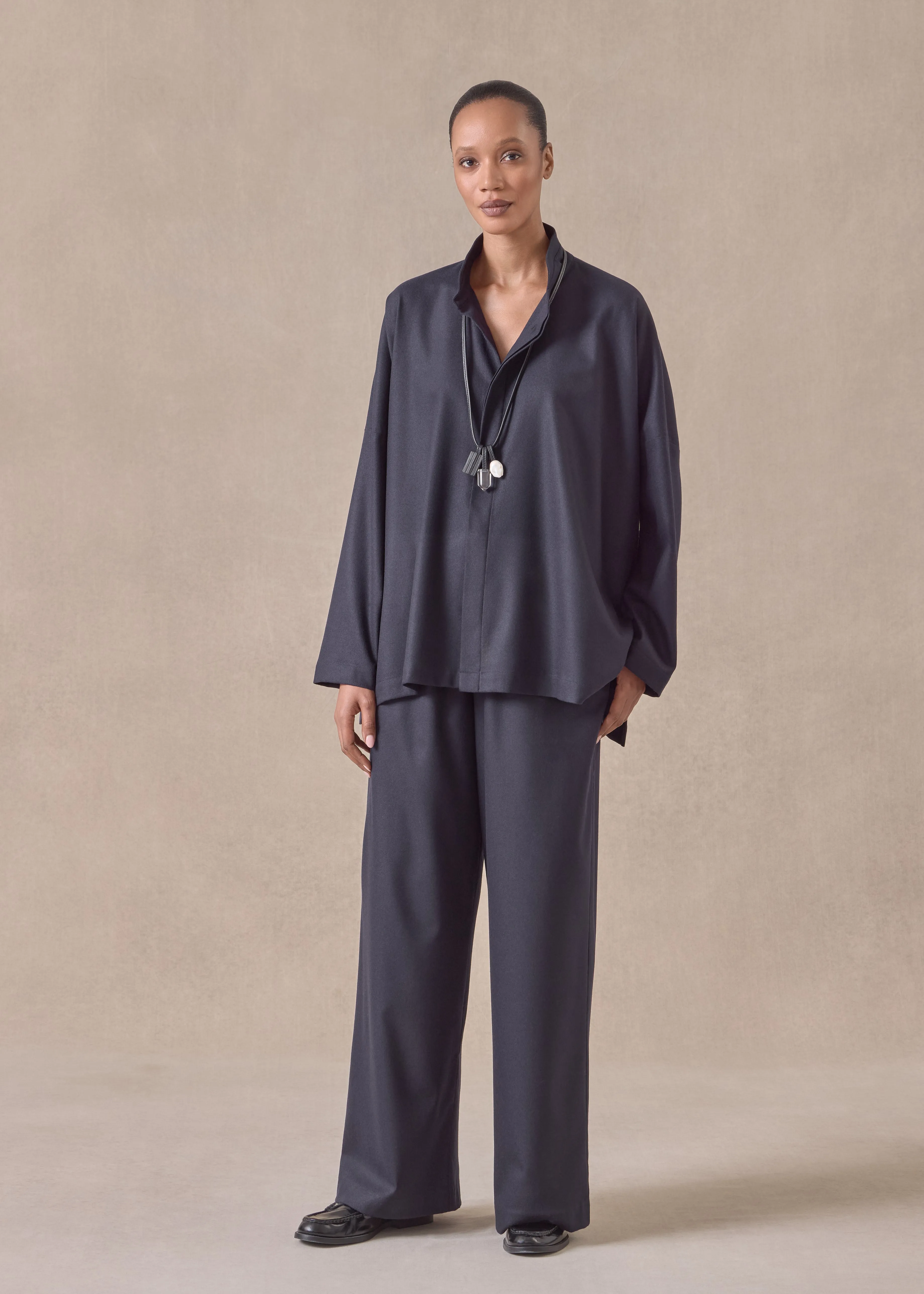 wool cashmere mix wide longer back shirt with double stand collar - mid plus (navydark) sold by eskandar