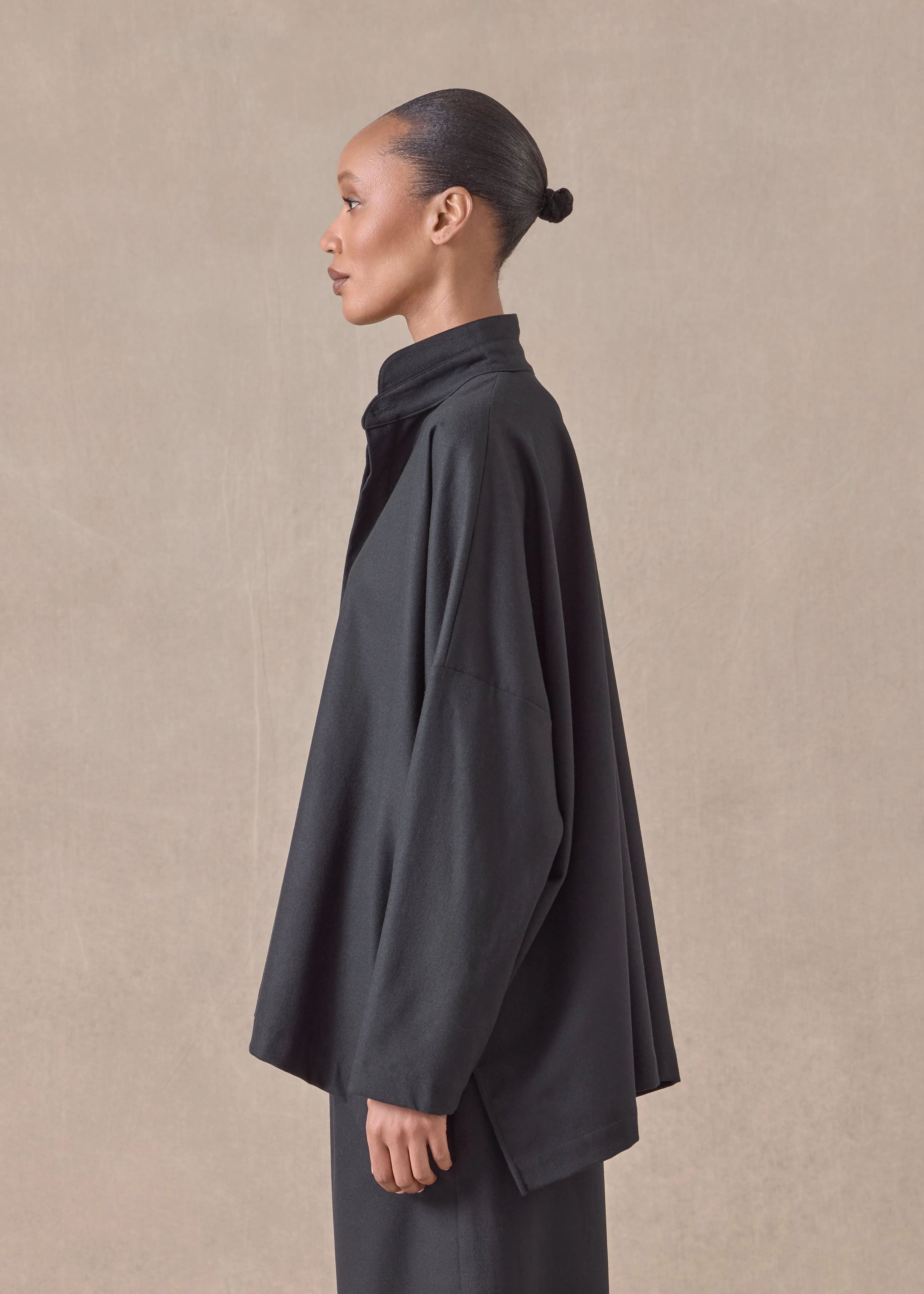 wool cashmere mix wide longer back shirt with double stand collar - mid plus (black) sold by eskandar product image thumbnail 3