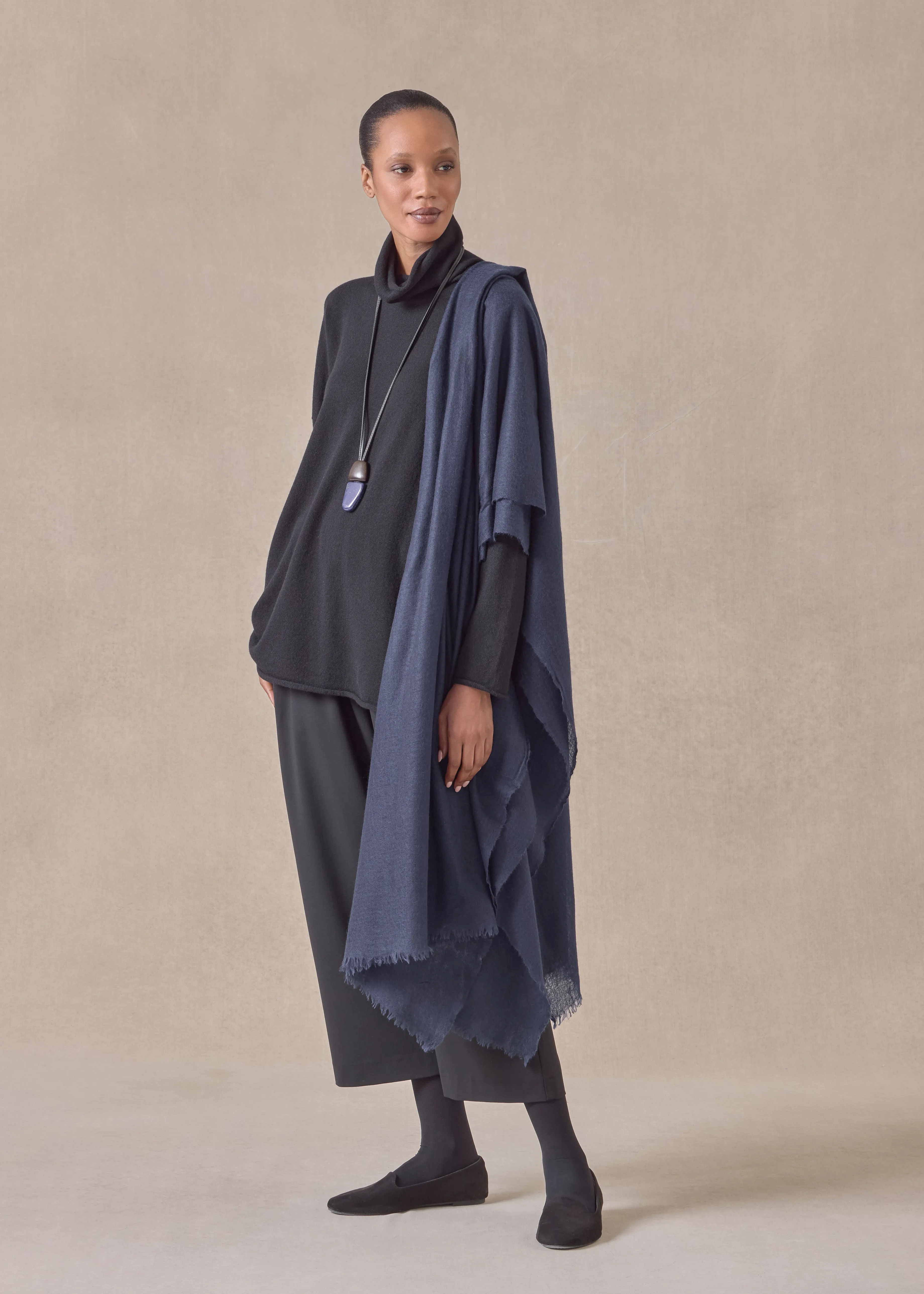 cashmere slim sleeve raw edge scrunch neck sweater - mid plus (black) sold by eskandar