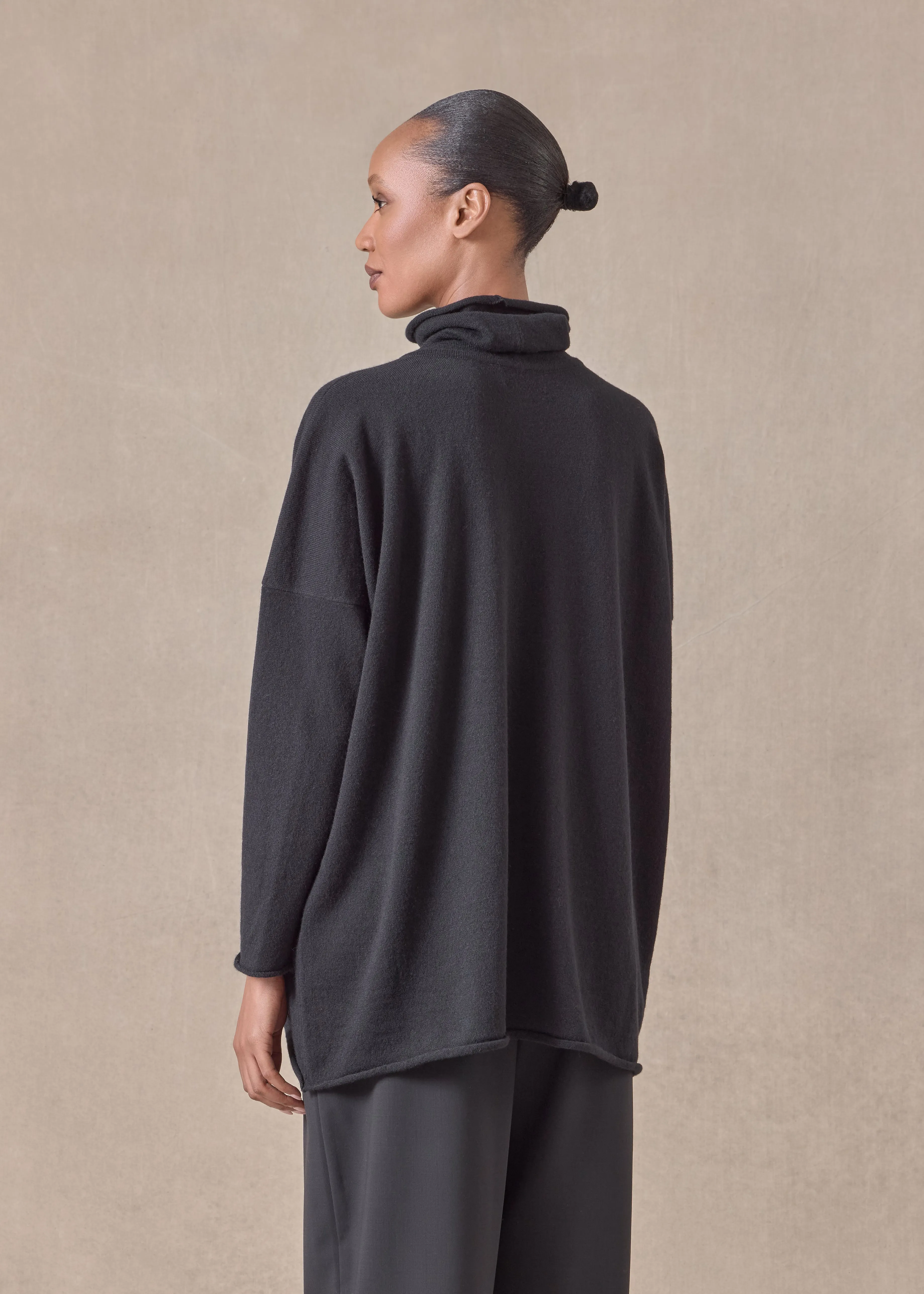 cashmere slim sleeve raw edge scrunch neck sweater - mid plus (black) sold by eskandar product image thumbnail 4