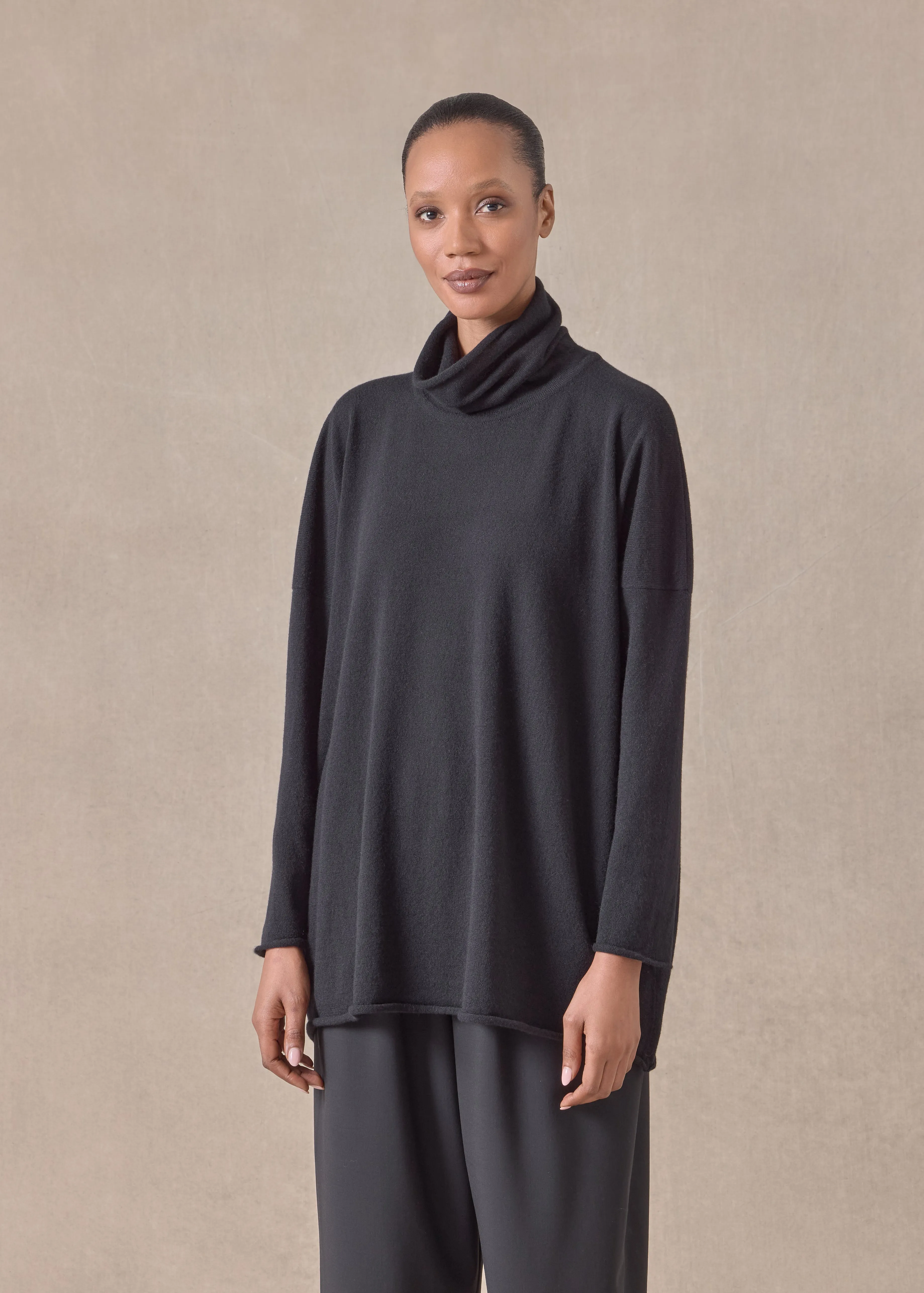 cashmere slim sleeve raw edge scrunch neck sweater - mid plus (black) sold by eskandar product image thumbnail 2