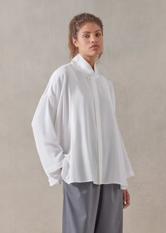 silk pleated shoulder swing shirt with chinese collar - mid plus sold by eskandar