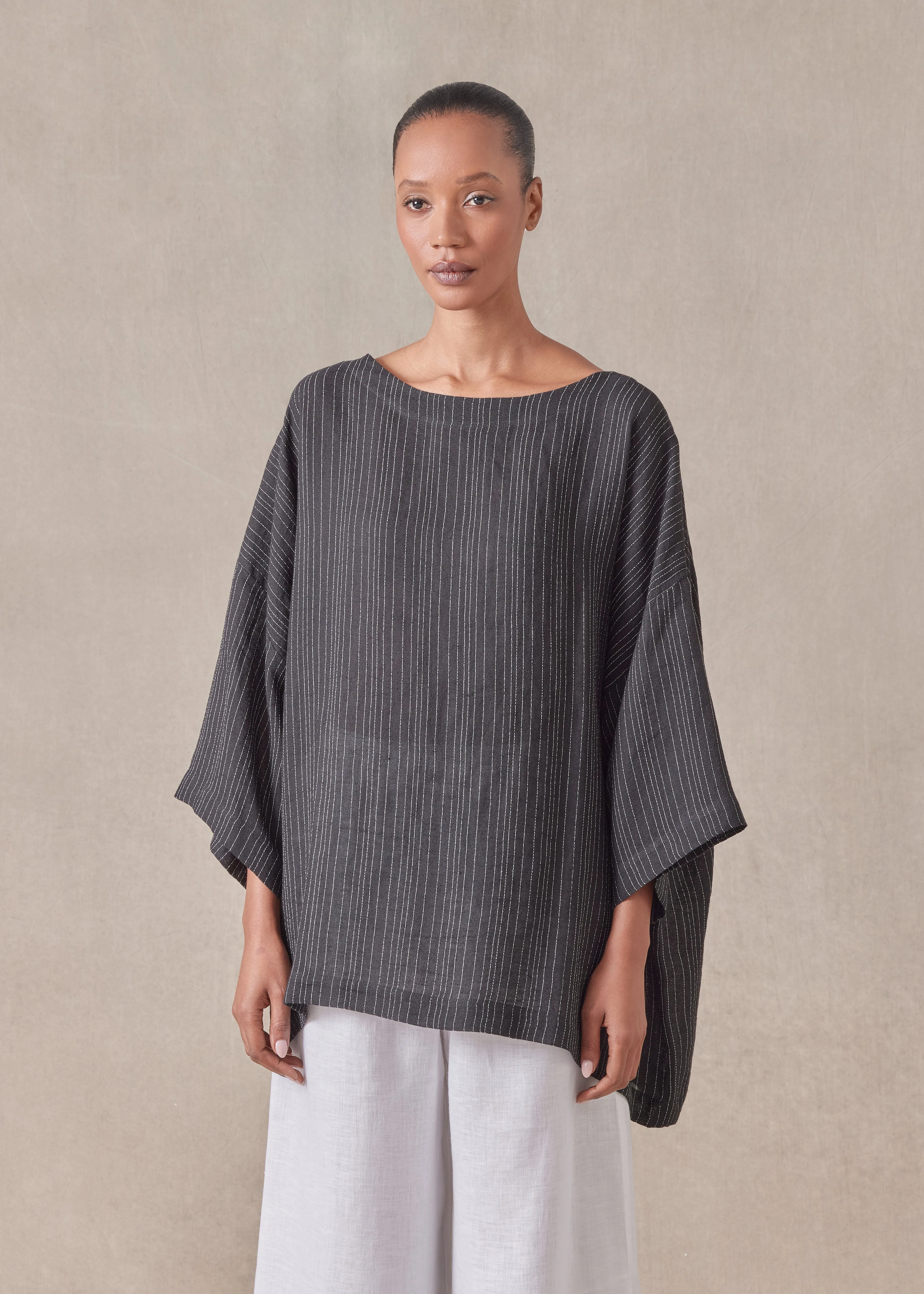 linen mix 3/4 sleeve scoop neck tunic - long sold by eskandar
