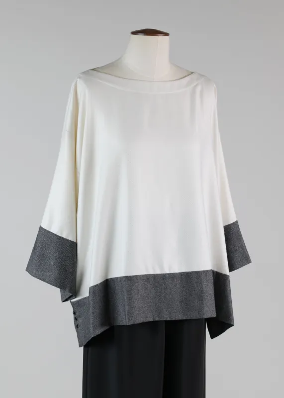 cashmere silk mix a-line scoop neck 3/4 sleeve tunic with contrast edge panel - mid sold by eskandar