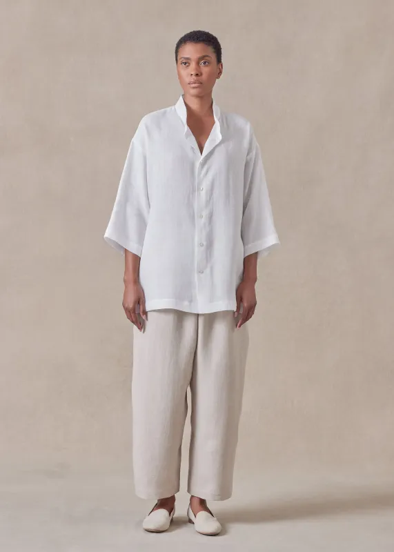 linen slim collarless short sleeve shirt - regular sold by eskandar