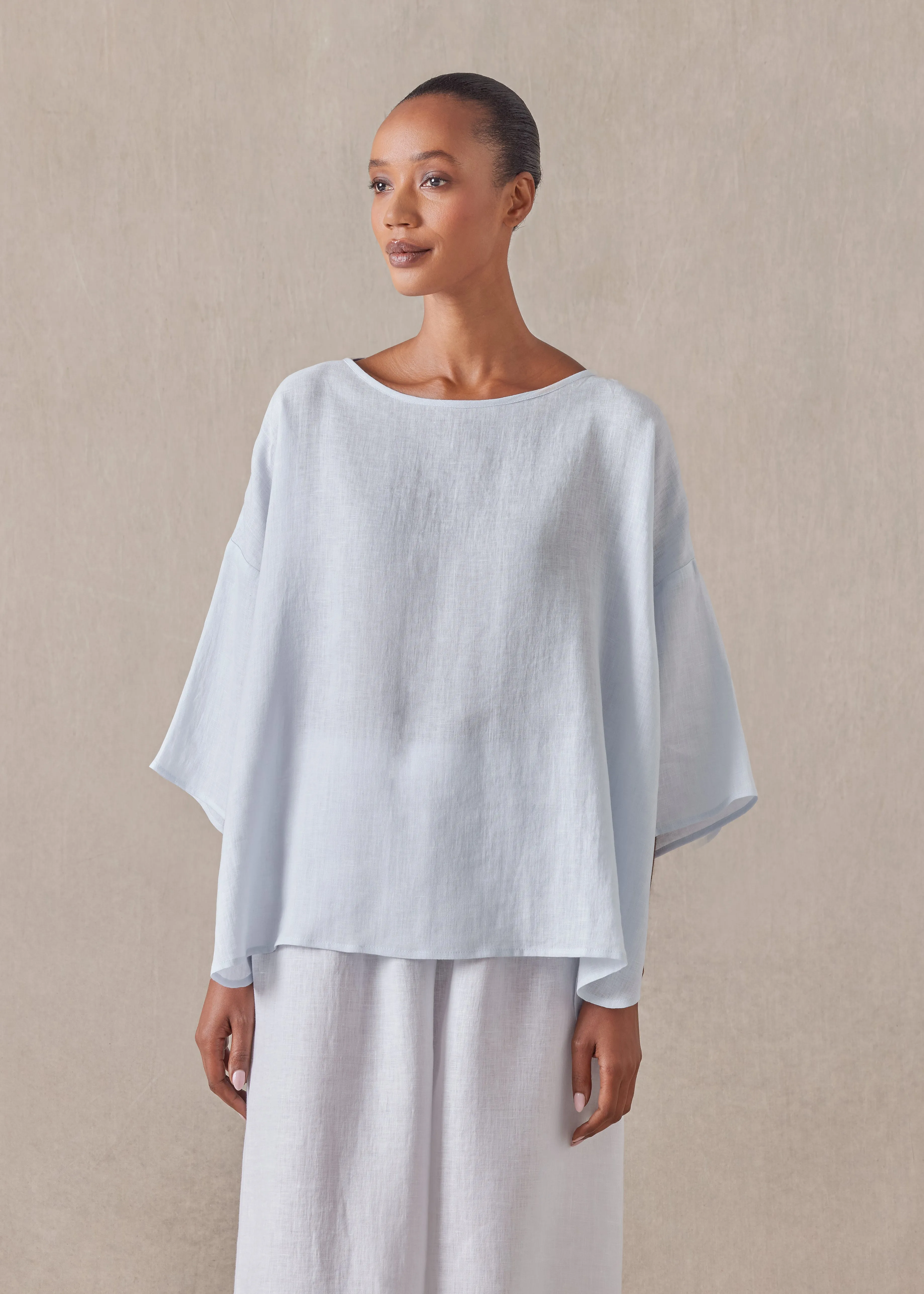 linen sloped shoulder wide a-line scoop neck top - mid sold by eskandar product image thumbnail 2