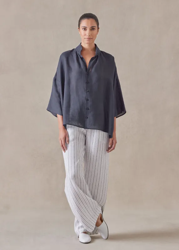 linen sloped shoulder wide a-line pleated collar short sleeve shirt - mid sold by eskandar