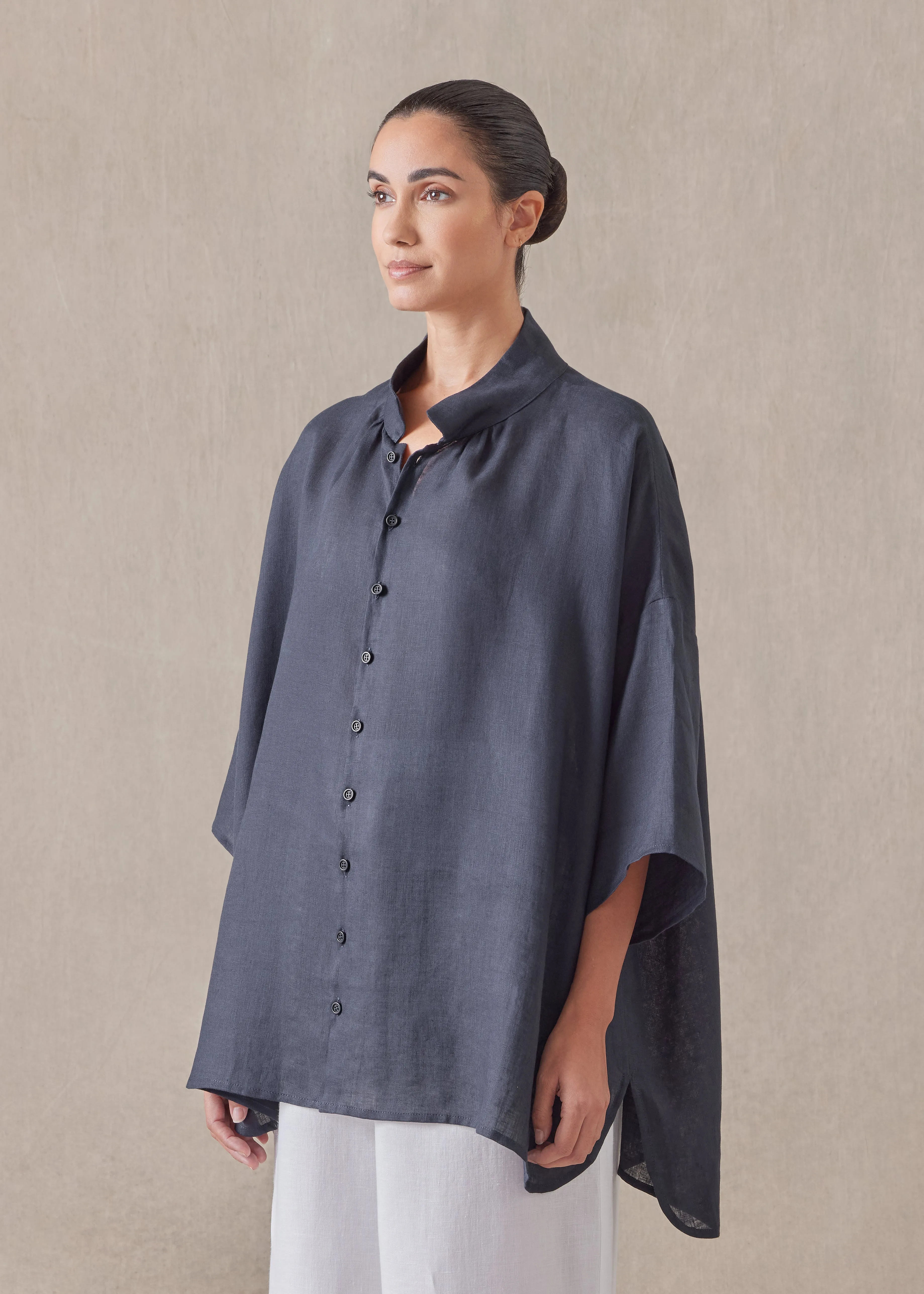 linen sloped shoulder wide a-line pleated collar short sleeve shirt - long sold by eskandar product image thumbnail 2