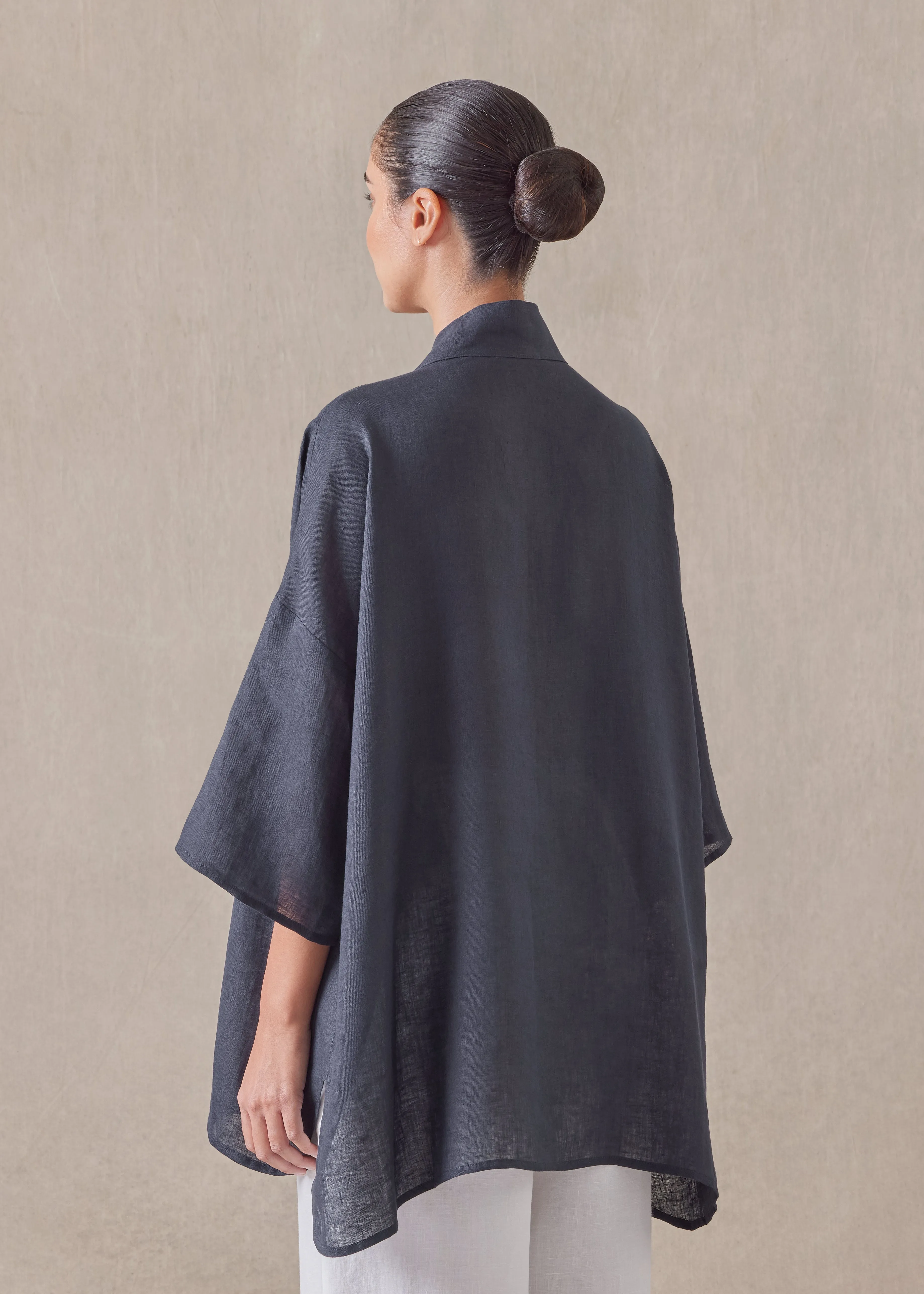 linen sloped shoulder wide a-line pleated collar short sleeve shirt - long sold by eskandar product image thumbnail 4