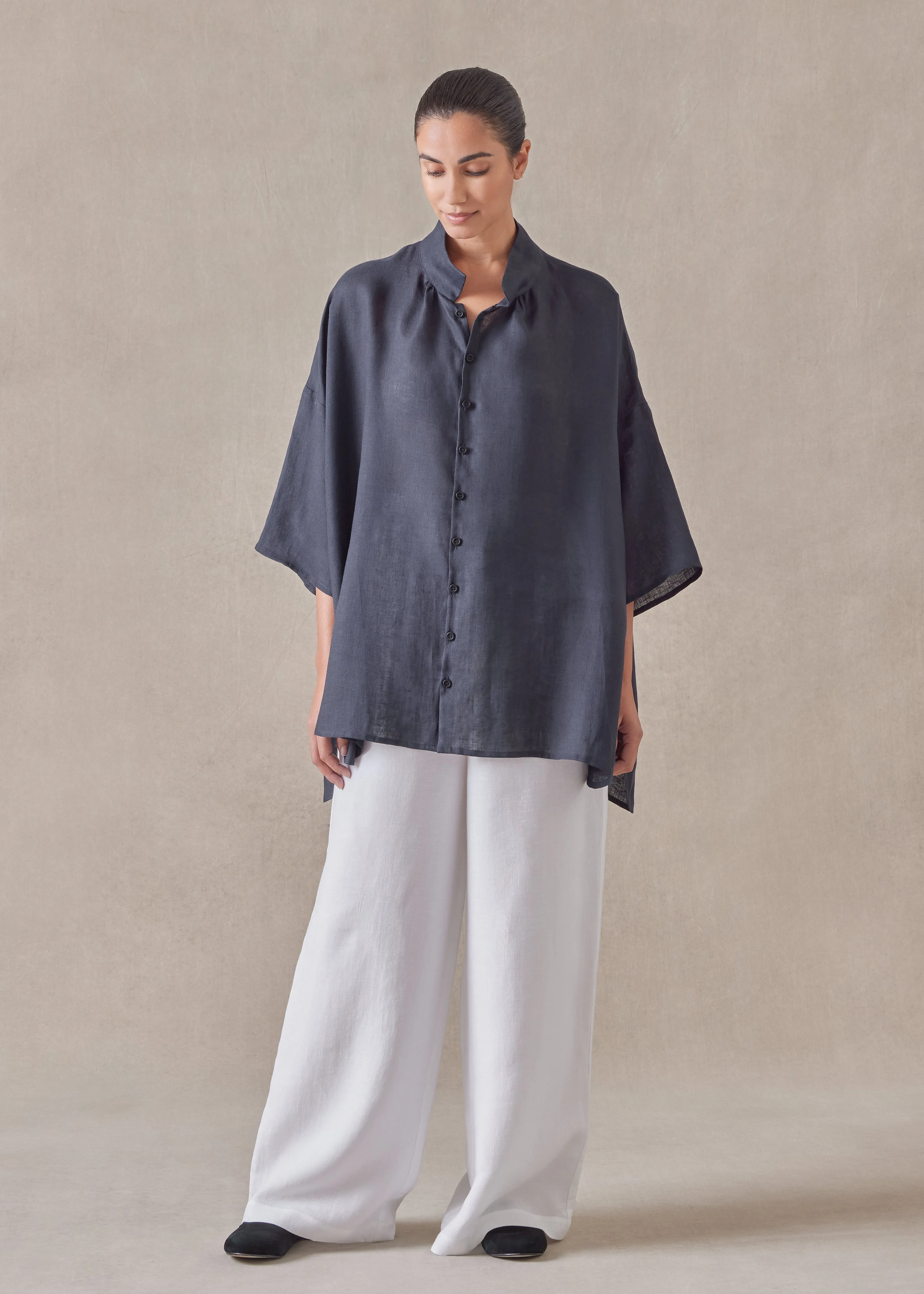 linen sloped shoulder wide a-line pleated collar short sleeve shirt - long sold by eskandar