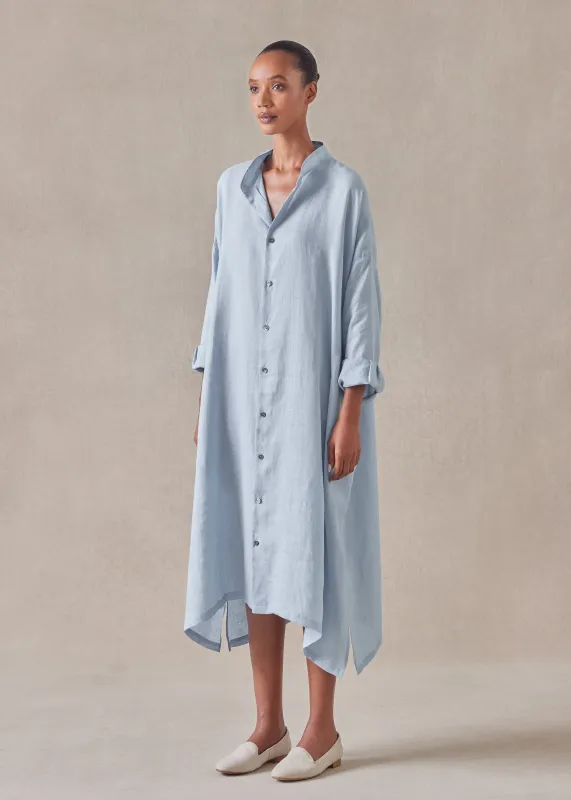 linen wide a-line collarless shirt dress sold by eskandar