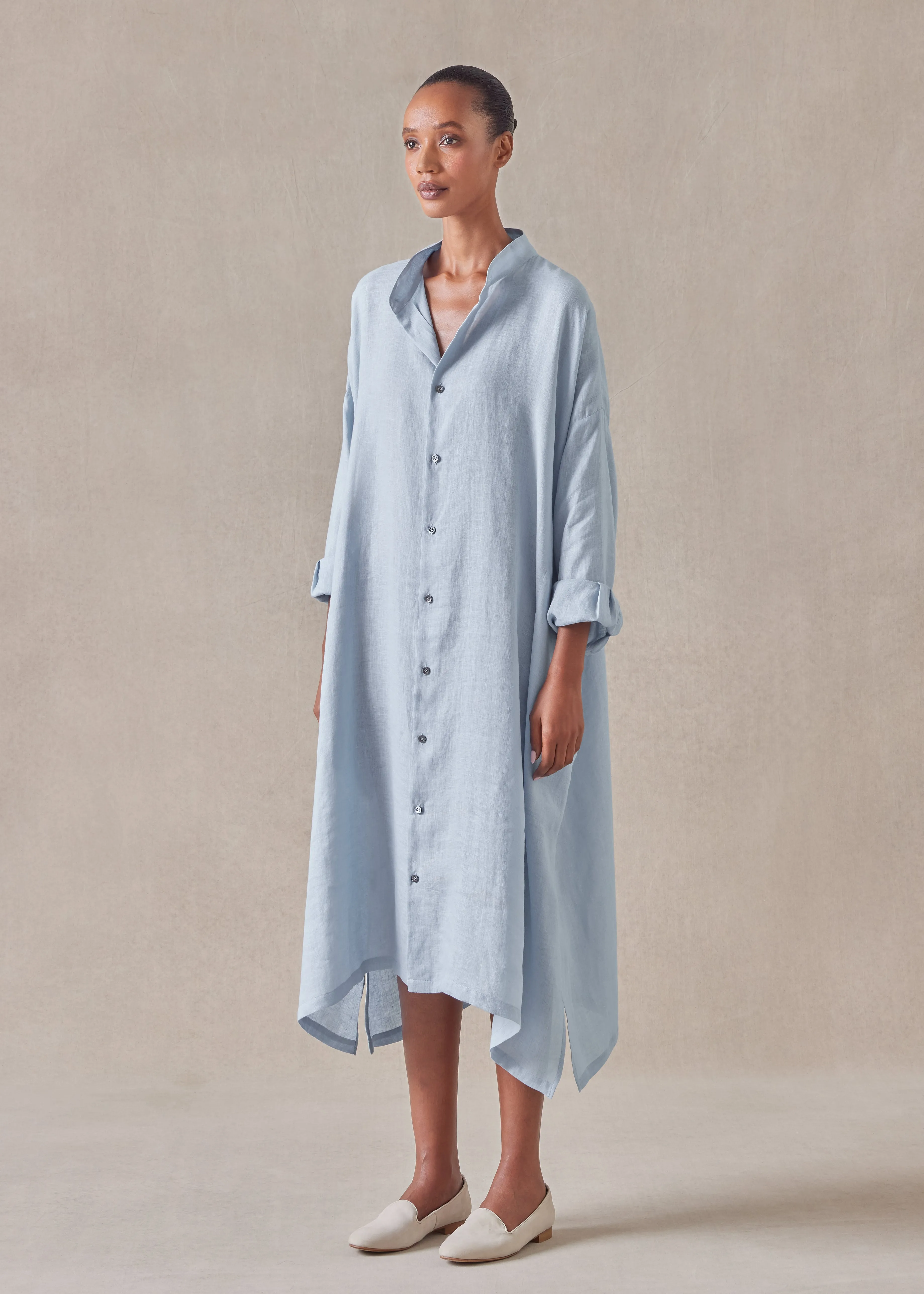 linen wide a-line collarless shirt dress sold by eskandar