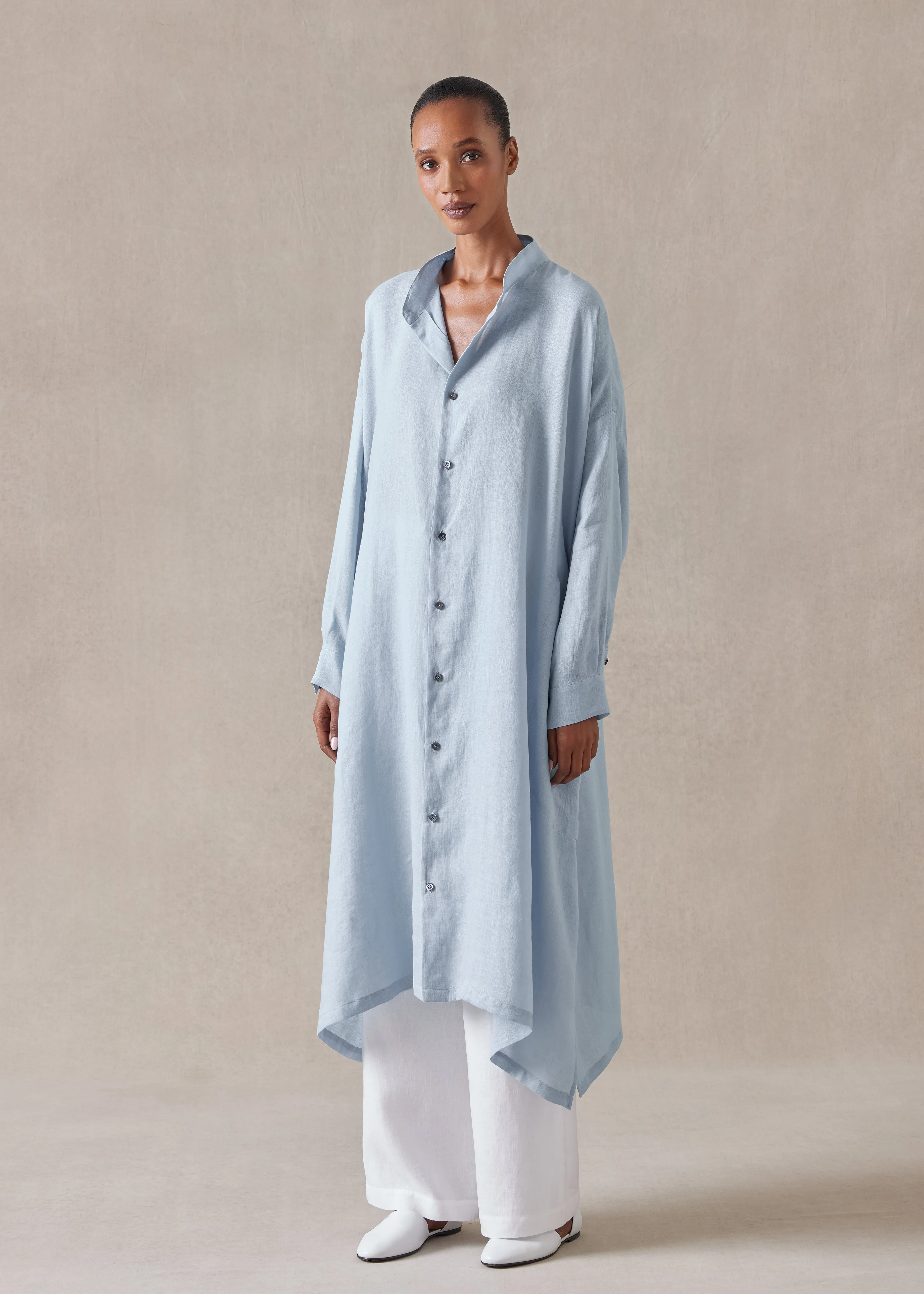 linen wide a-line collarless shirt dress sold by eskandar product image thumbnail 2