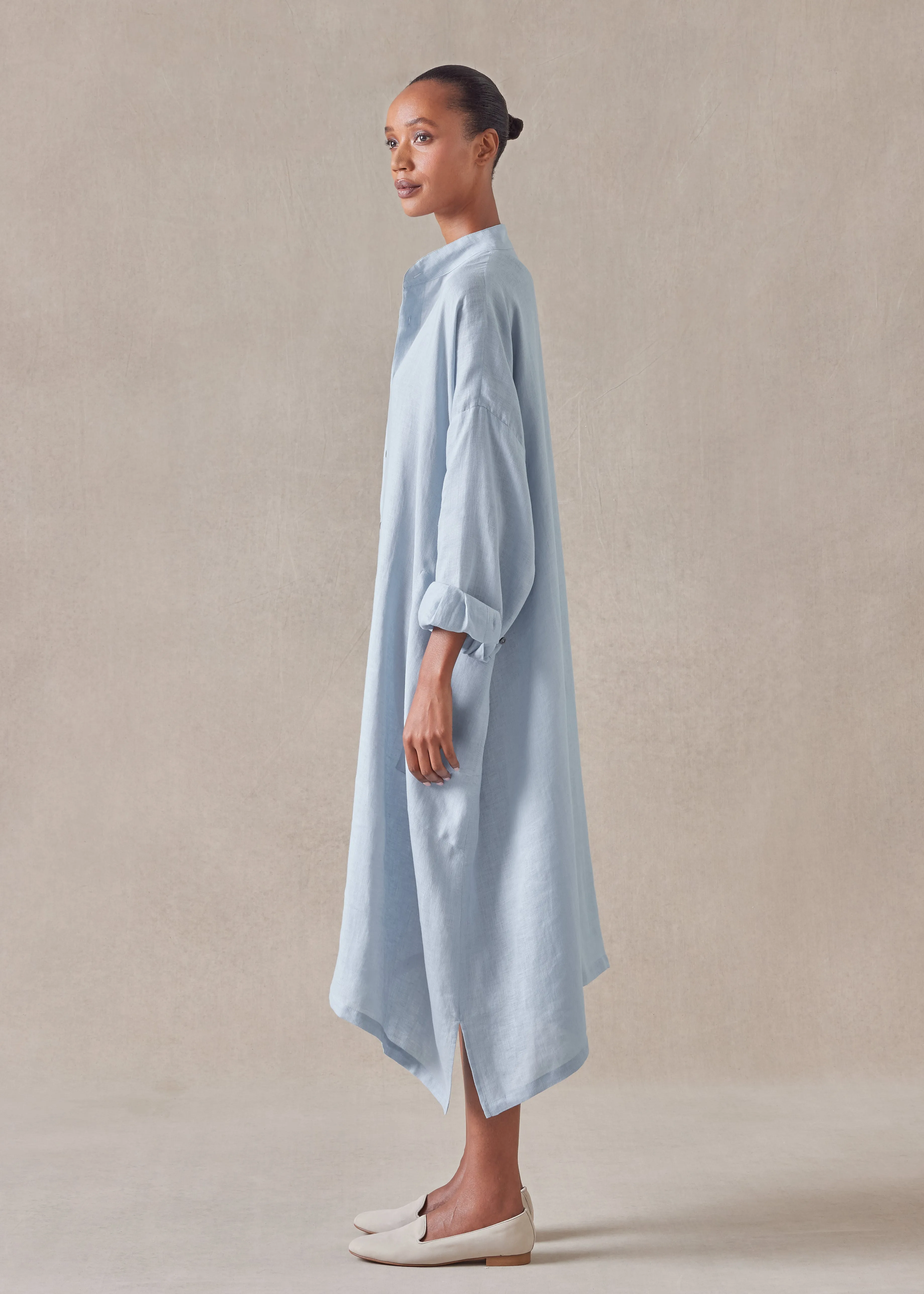 linen wide a-line collarless shirt dress sold by eskandar product image thumbnail 3