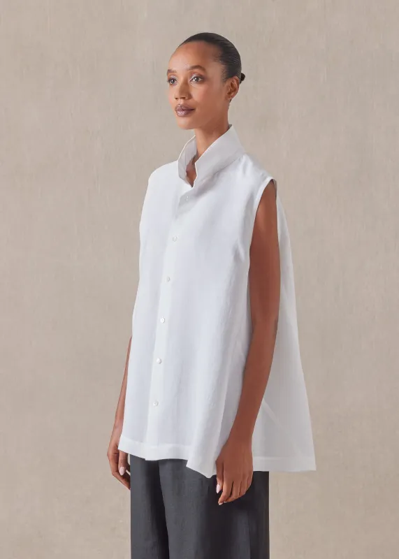 linen sleeveless caucasus shirt with notch collar - long sold by eskandar