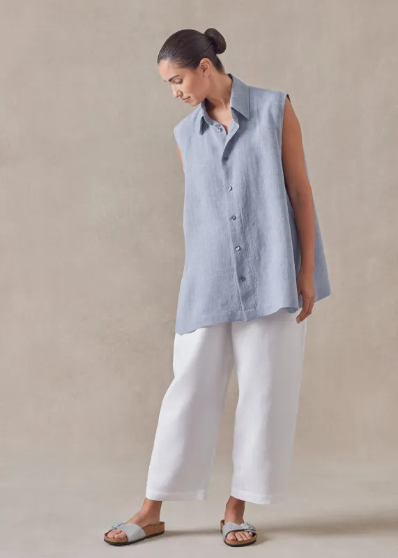 linen sleeveless caucasus shirt with collar - long sold by eskandar