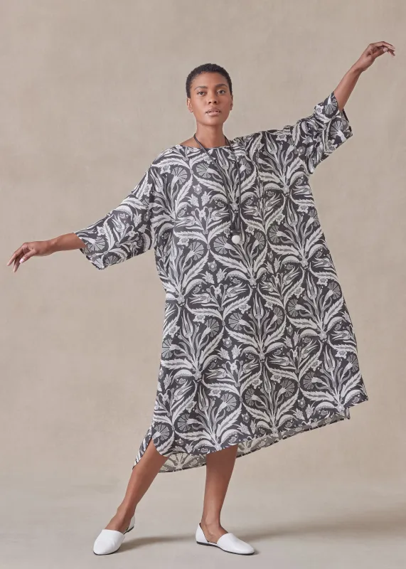 linen sloped shoulder wide a-line short sleeve scoop neck dress sold by eskandar