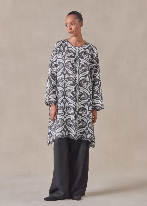 linen wide a-line bound neck shirt - very long with slits sold by eskandar