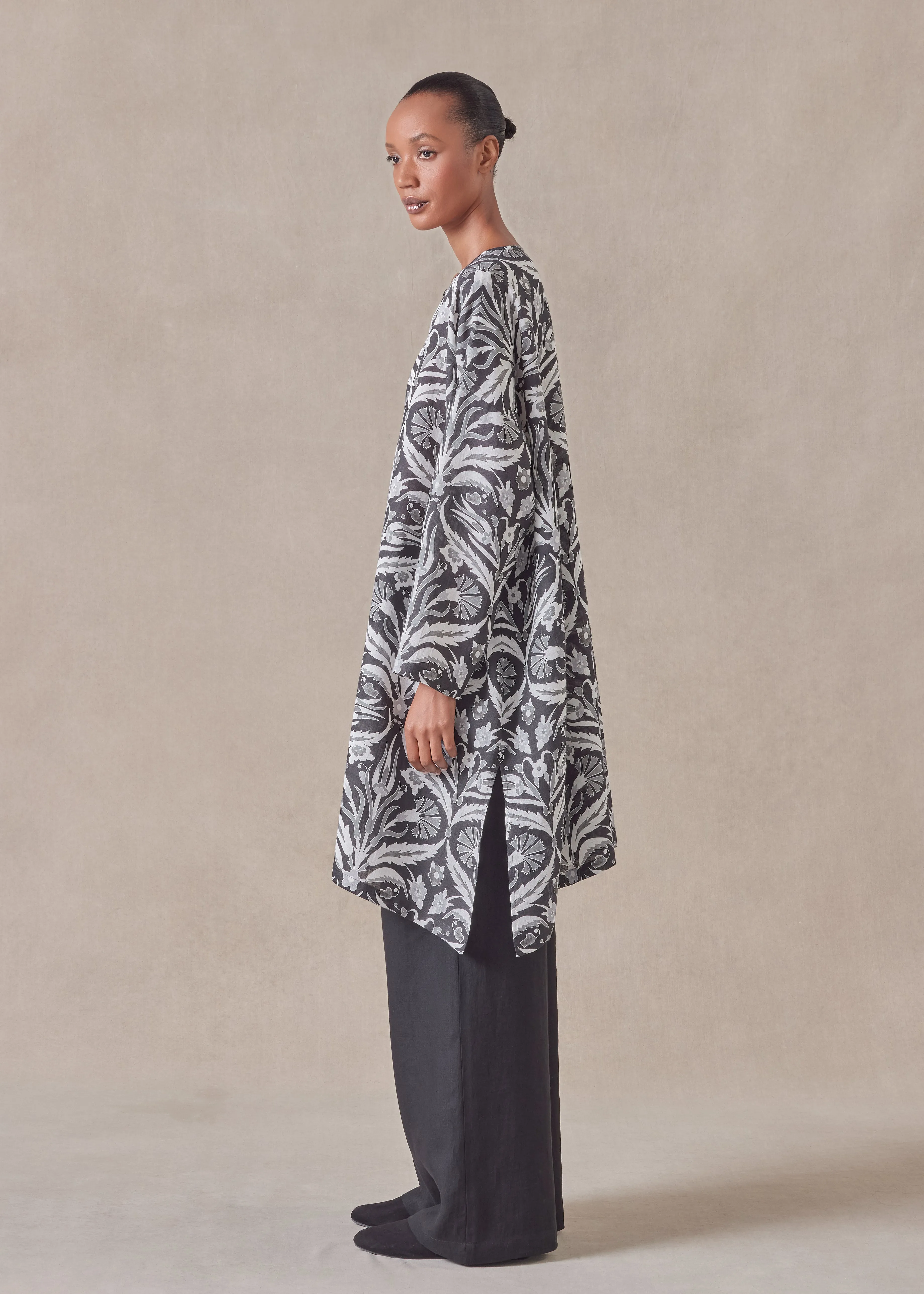 linen wide a-line bound neck shirt - very long with slits sold by eskandar product image thumbnail 2