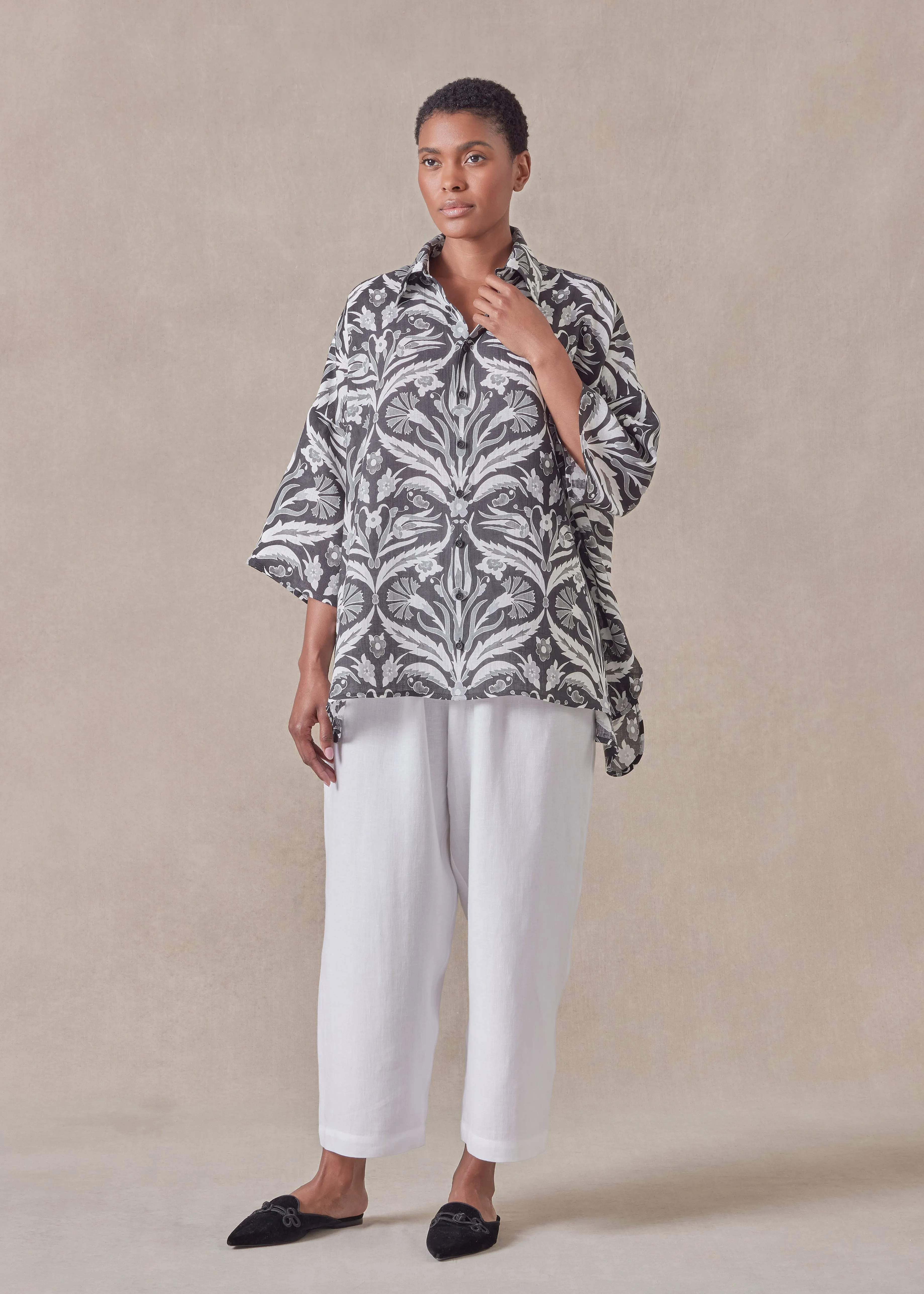 linen sloped shoulder wide a-line short sleeve shirt with collar - mid plus sold by eskandar