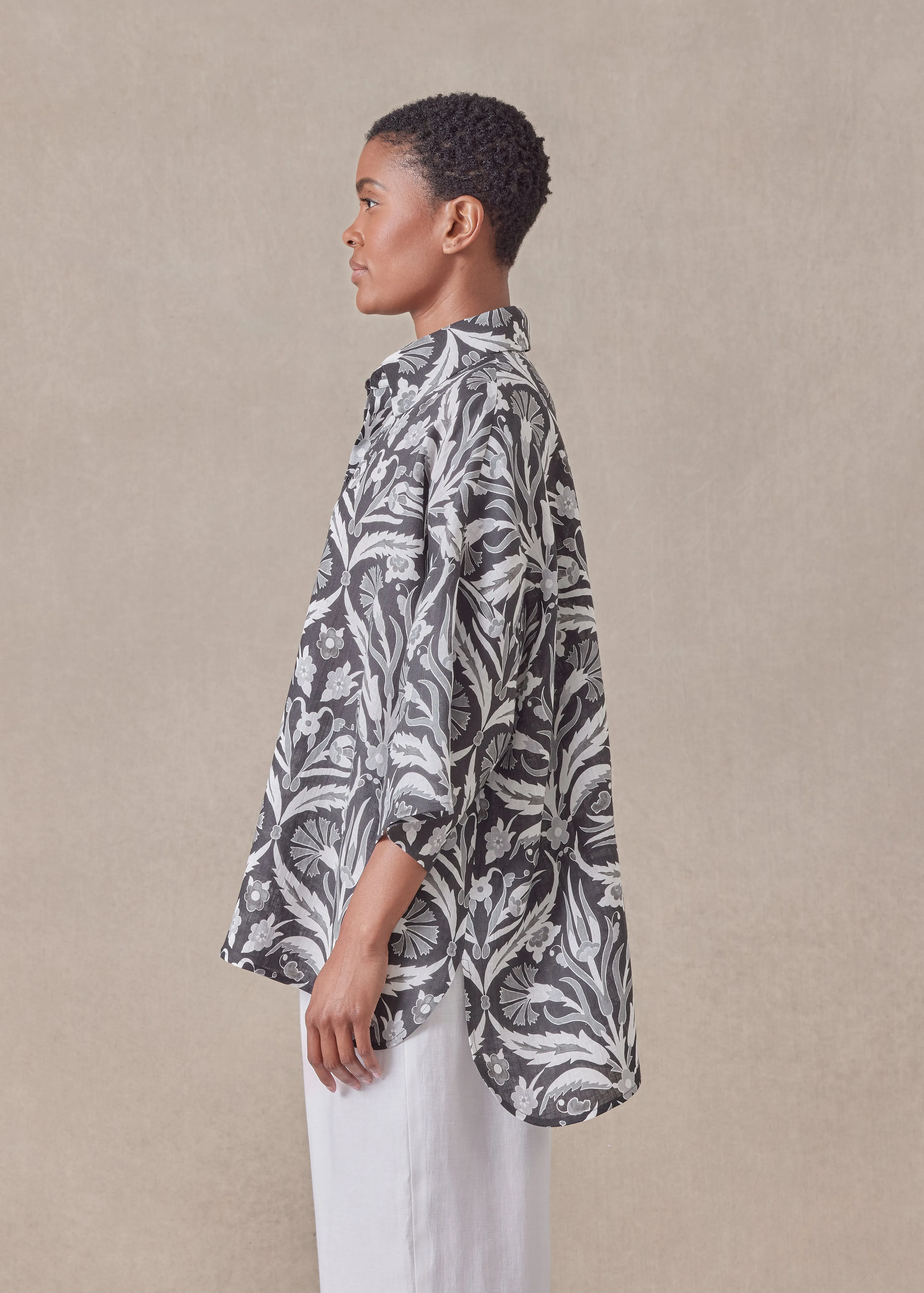 linen sloped shoulder wide a-line short sleeve shirt with collar - mid plus sold by eskandar product image thumbnail 3