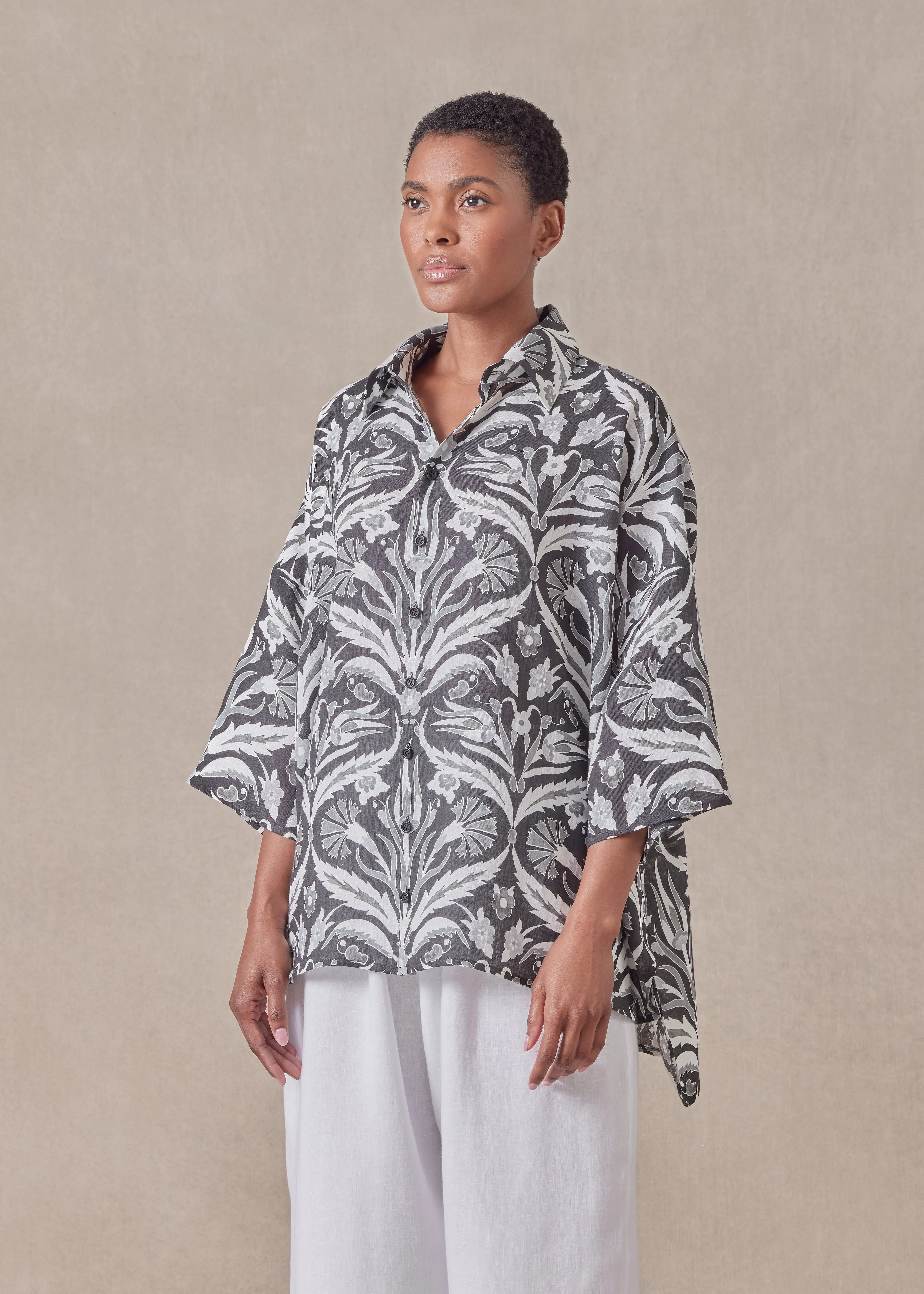 linen sloped shoulder wide a-line short sleeve shirt with collar - mid plus sold by eskandar product image thumbnail 2