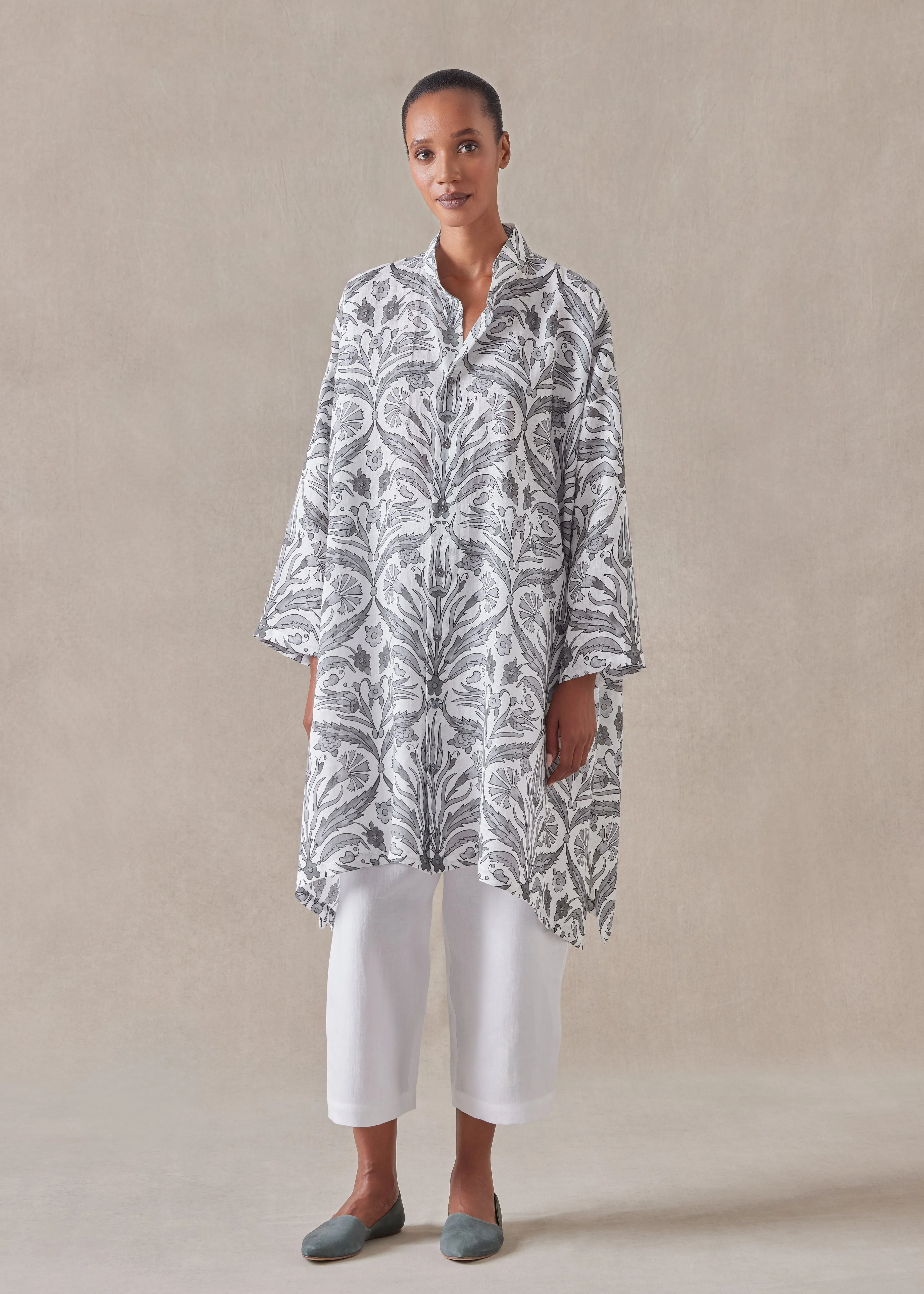 linen wide a-line collarless shirt - very long with slits sold by eskandar