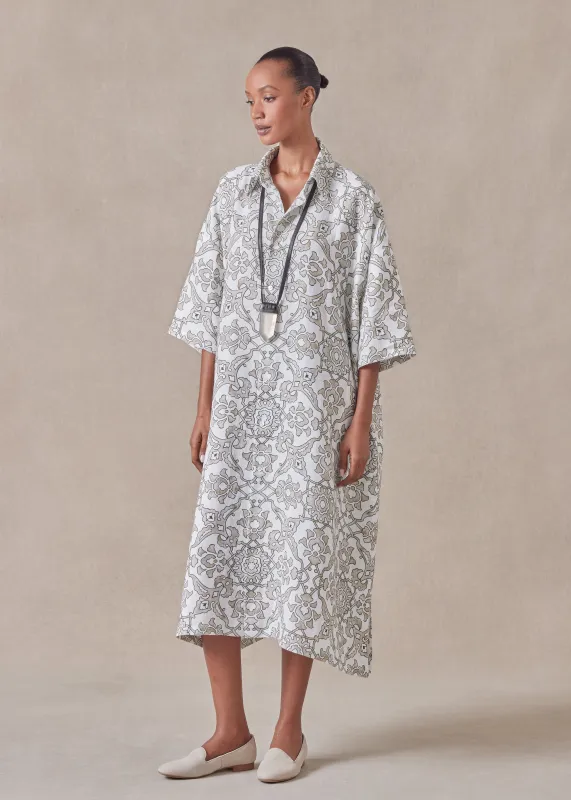 linen wide a-line short sleeve shirt dress with collar sold by eskandar