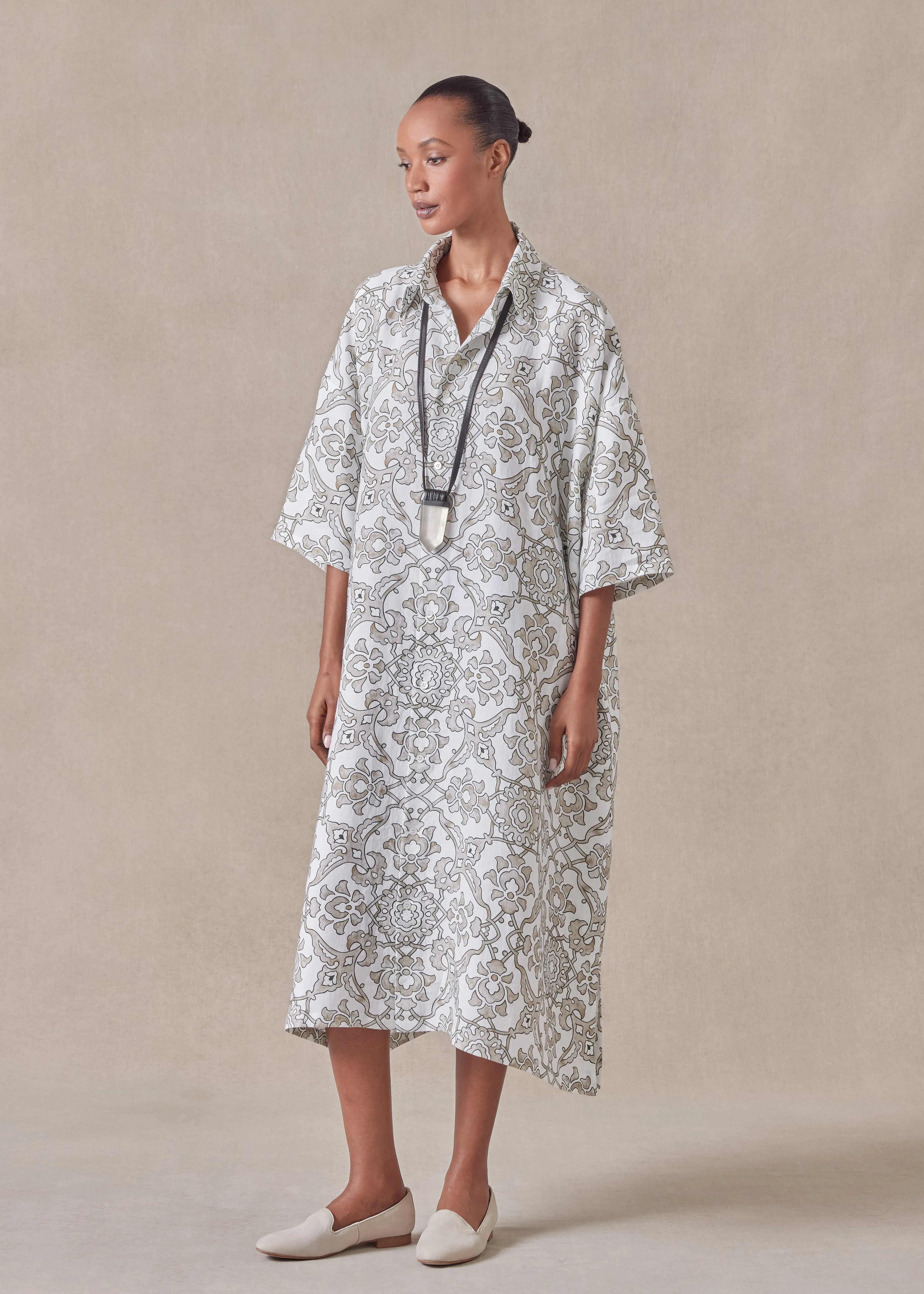 linen wide a-line short sleeve shirt dress with collar sold by eskandar