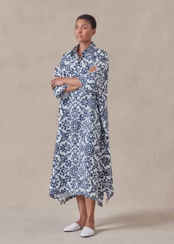 linen wide a-line short sleeve shirt dress with collar sold by eskandar