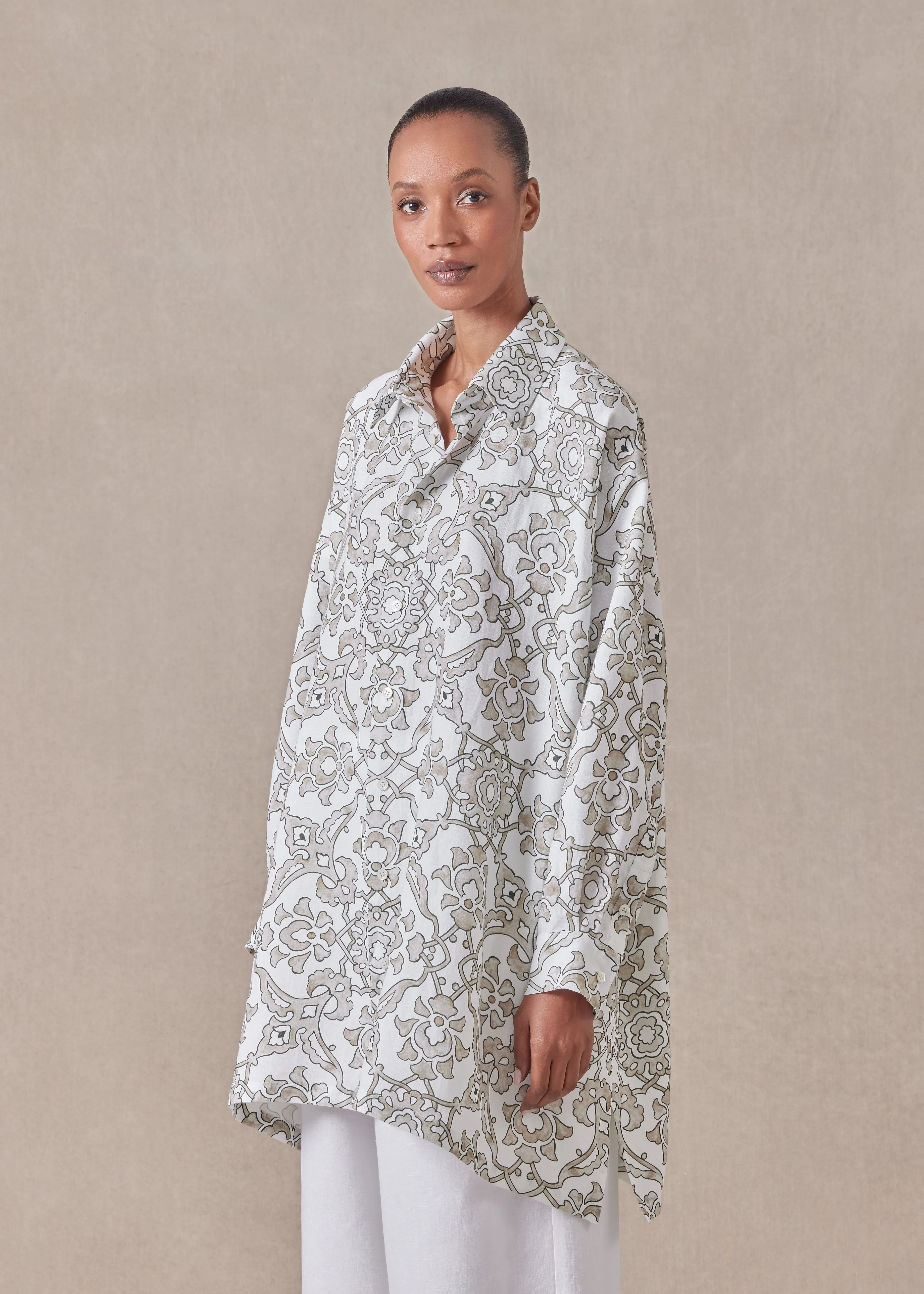 linen wide a-line shirt with collar - long plus sold by eskandar product image thumbnail 2