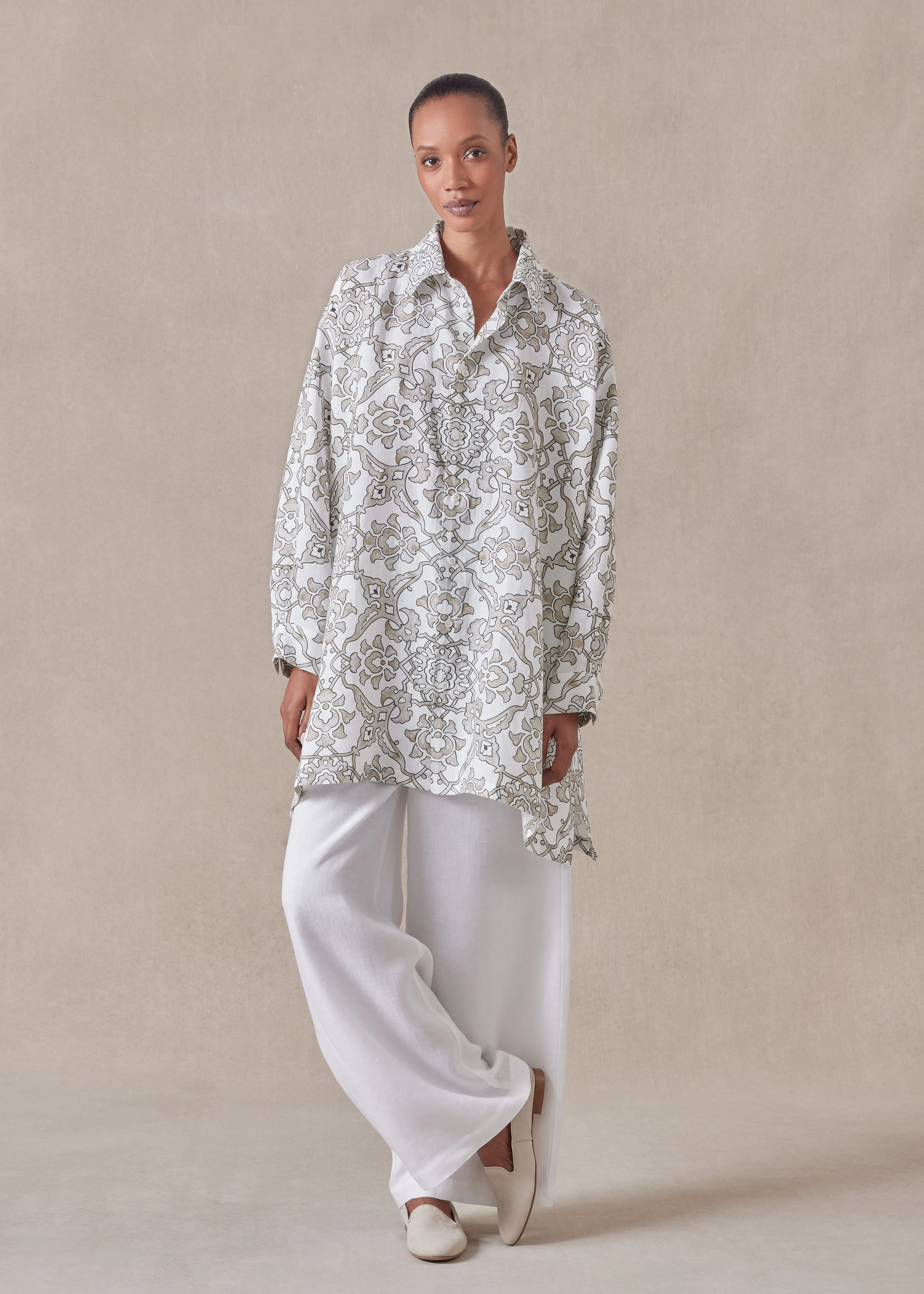 linen wide a-line shirt with collar - long plus sold by eskandar