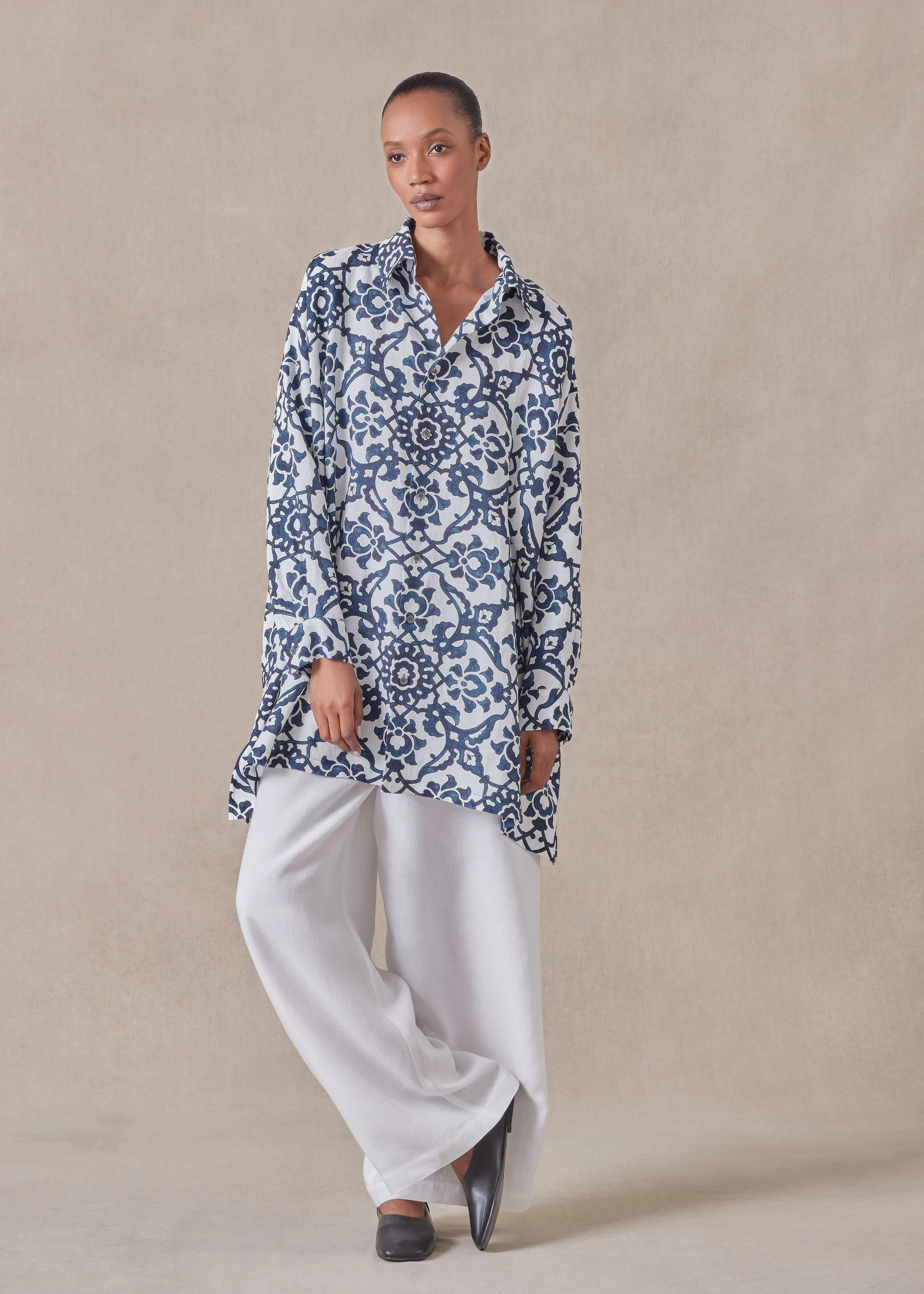 linen wide a-line shirt with collar - long plus sold by eskandar